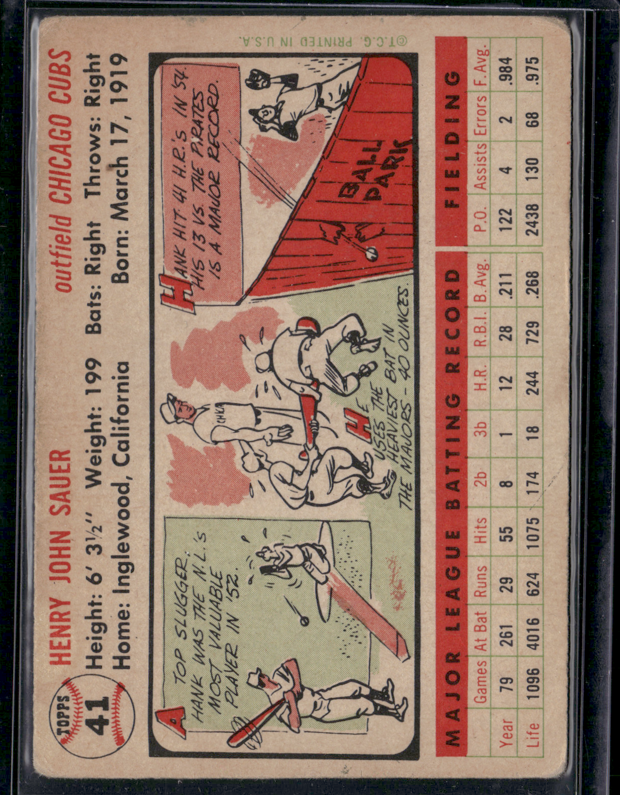 1956 Topps HANK SAUER #41 Light Wrinkles
