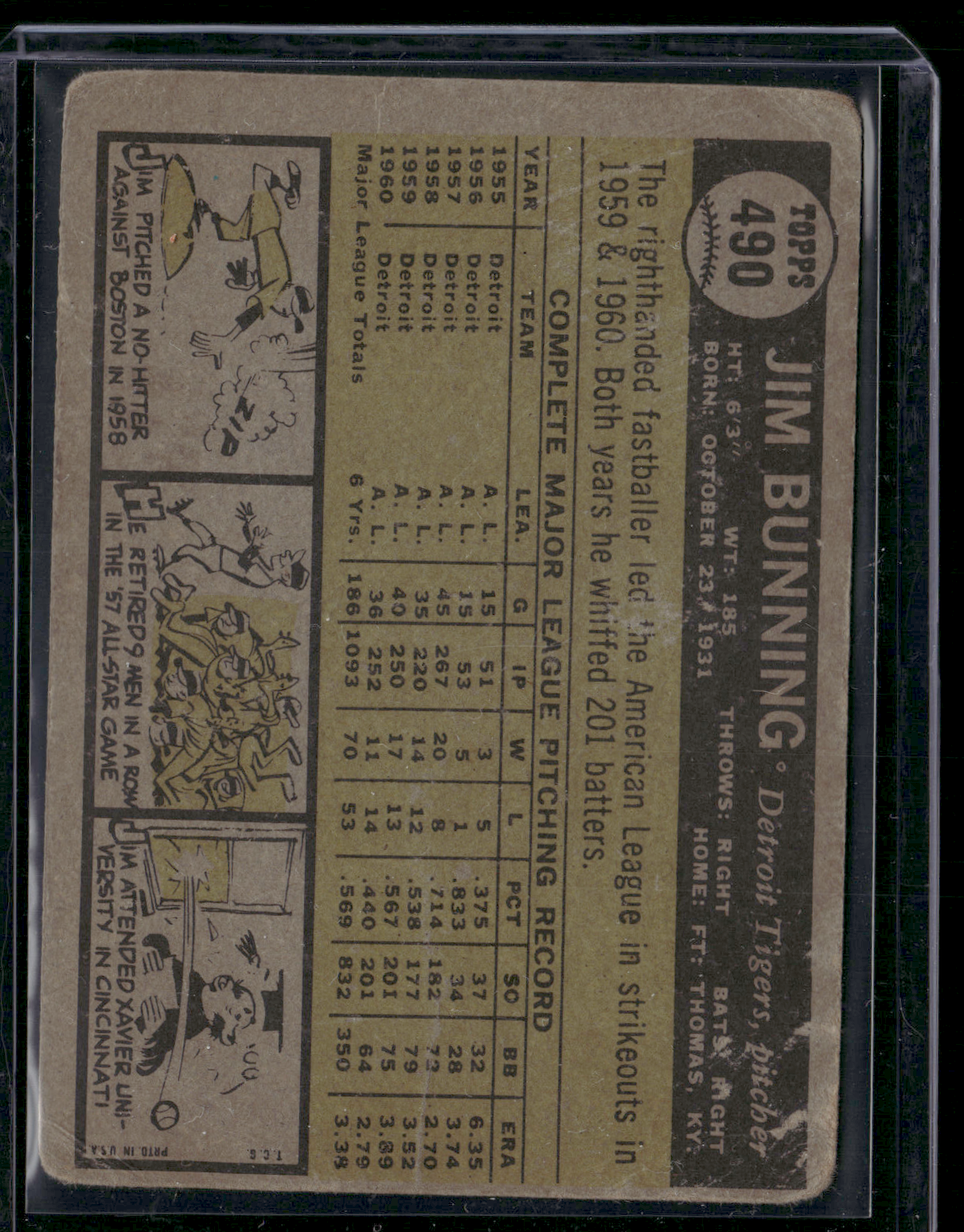 1961 Topps JIM BUNNING #490 Toning Wrinkle (Good)