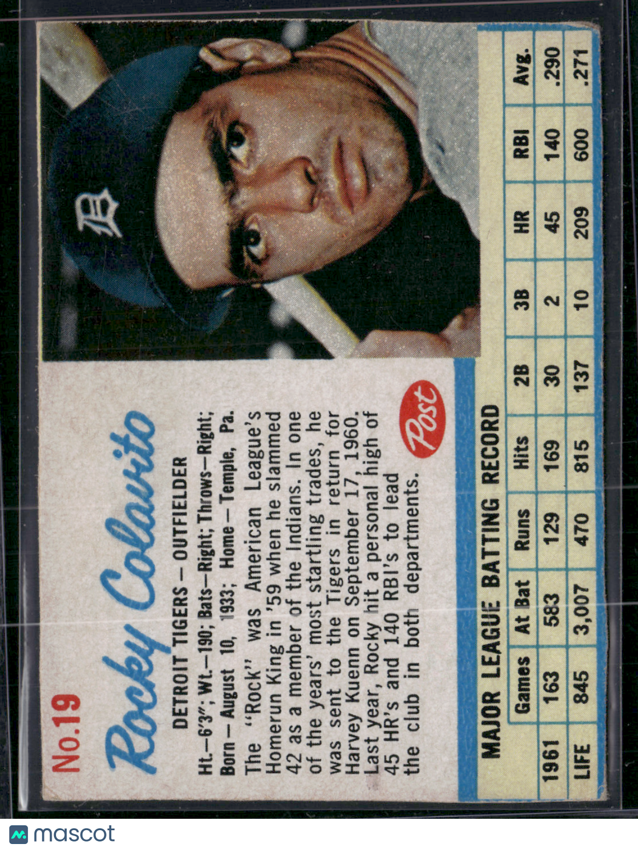 1962 Cereal Box ROCKY COLAVITO #19 Hand Cut (VG)