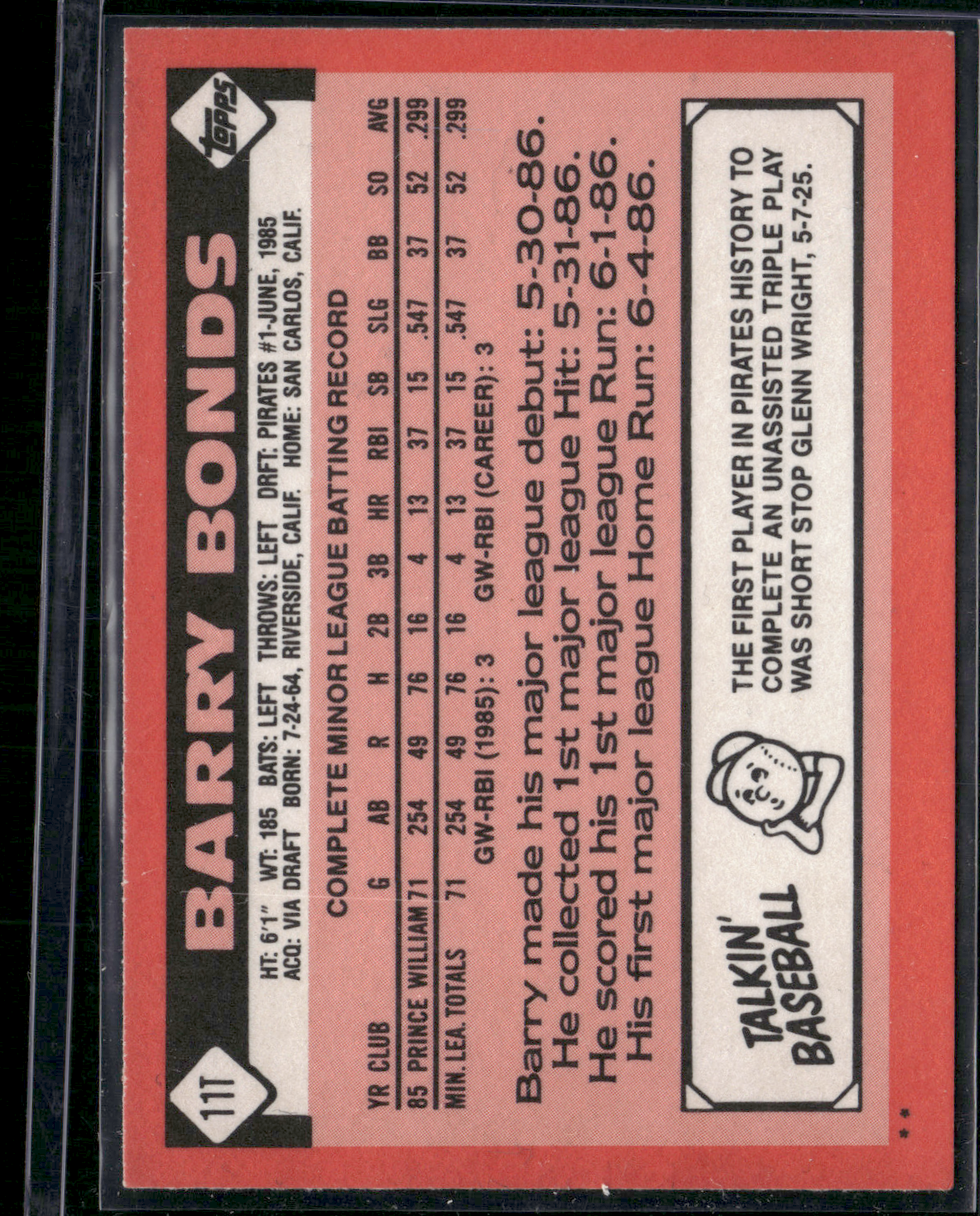 1986 Topps BARRY BONDS #11T (NM)