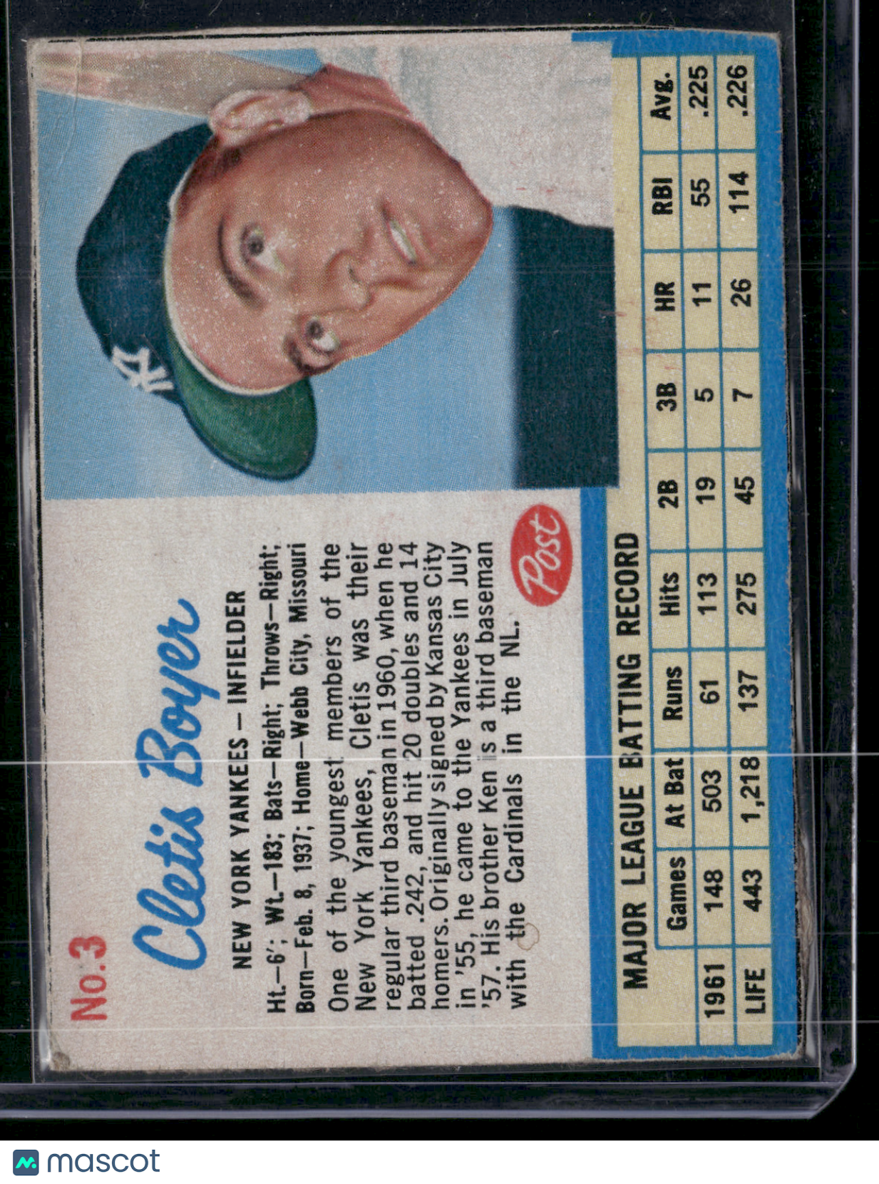 1962 Cereal Box CLETIS BOYER #3 Crease top left