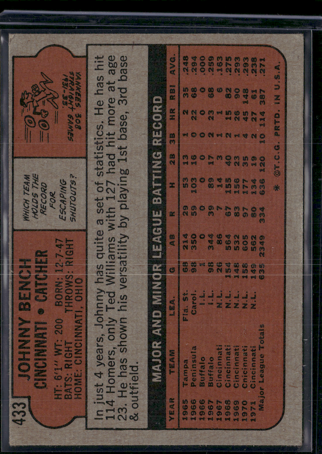 1972 Topps JOHNNY BENCH #433 Light Wrinkles on Back (VG)