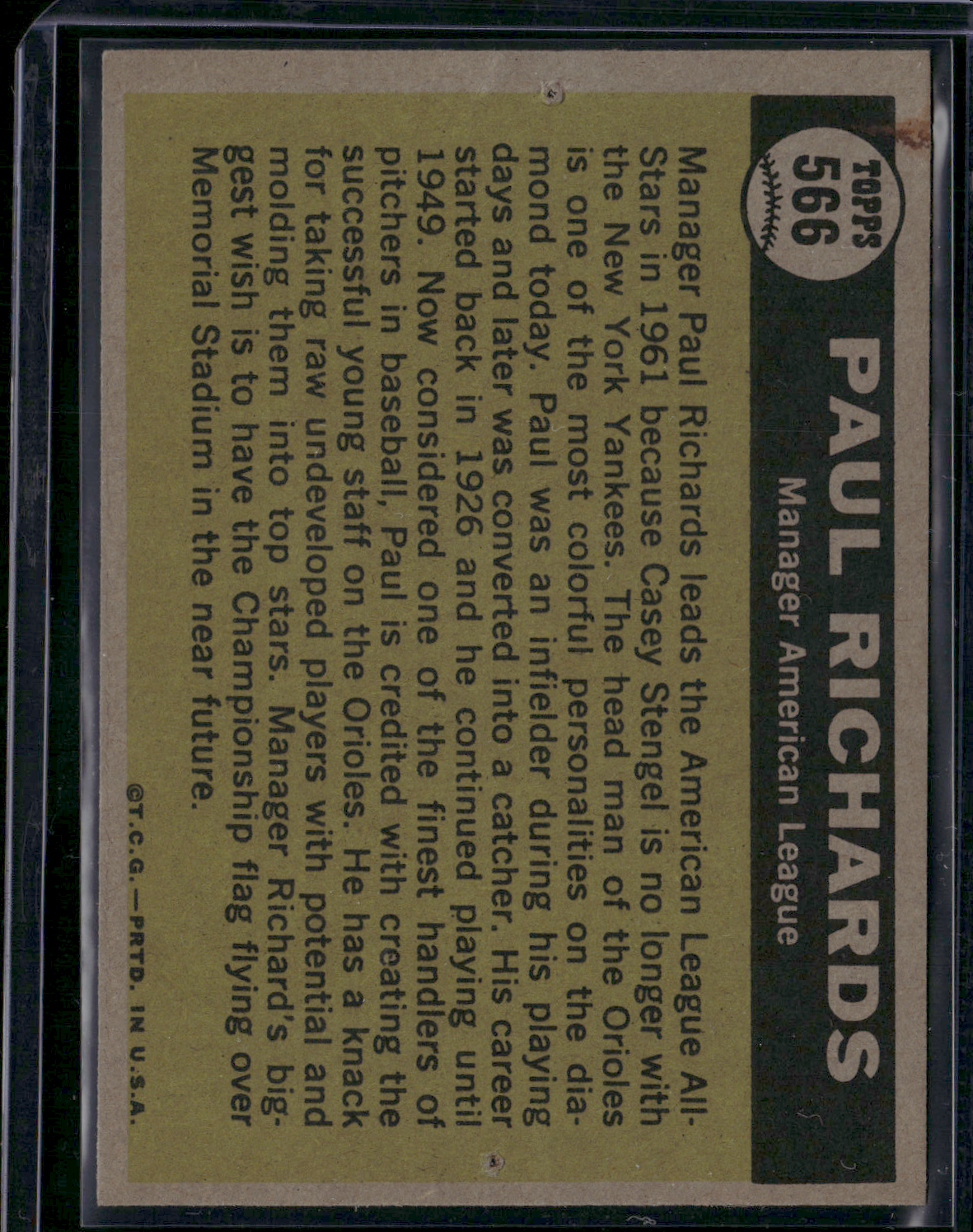 1961 Topps PAUL RICHARDS #566 All Star Pinholes (Poor)