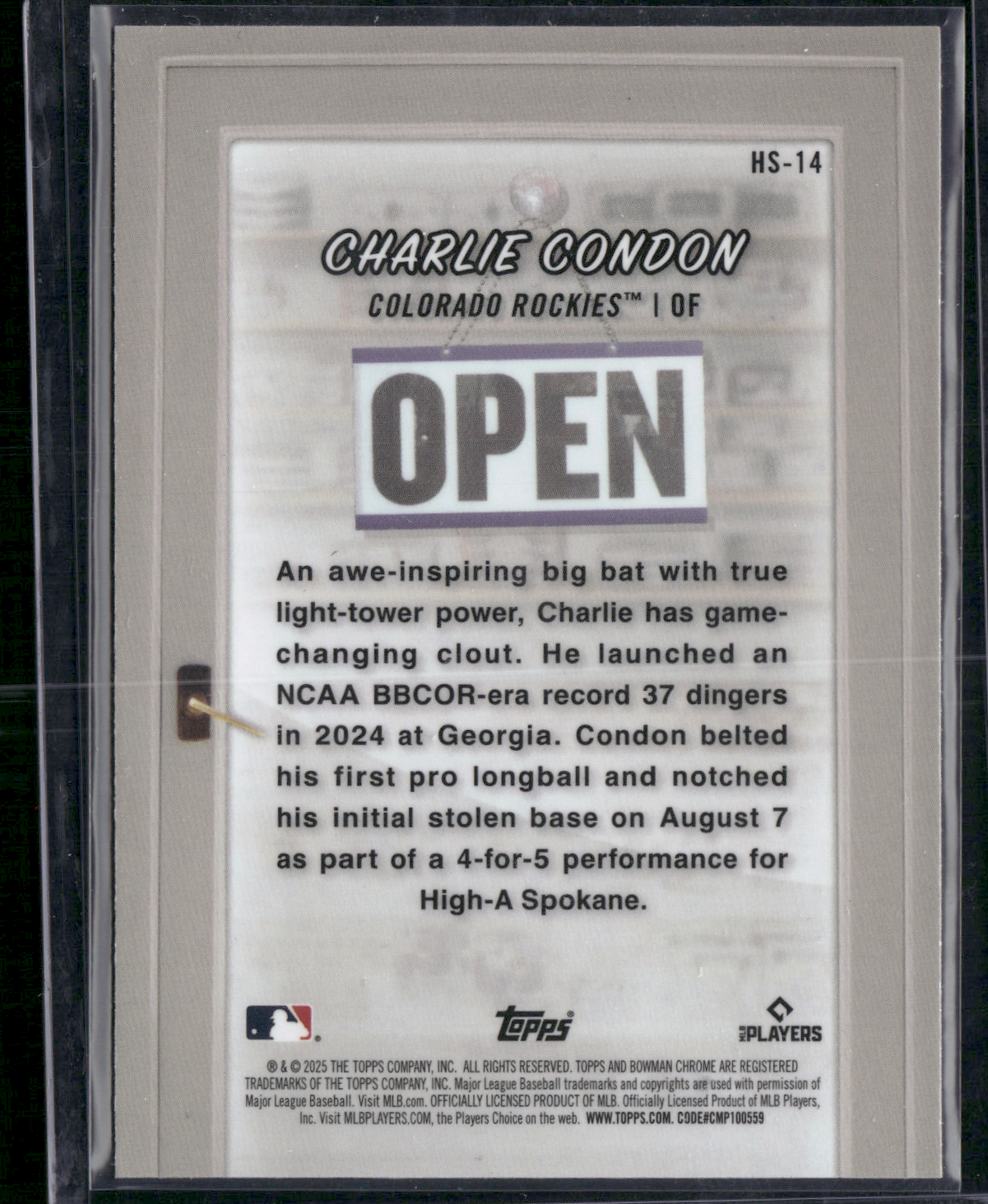 2025 Bowman CHARLIE CONDON #HS-14 Colorado Card Cave Chrome