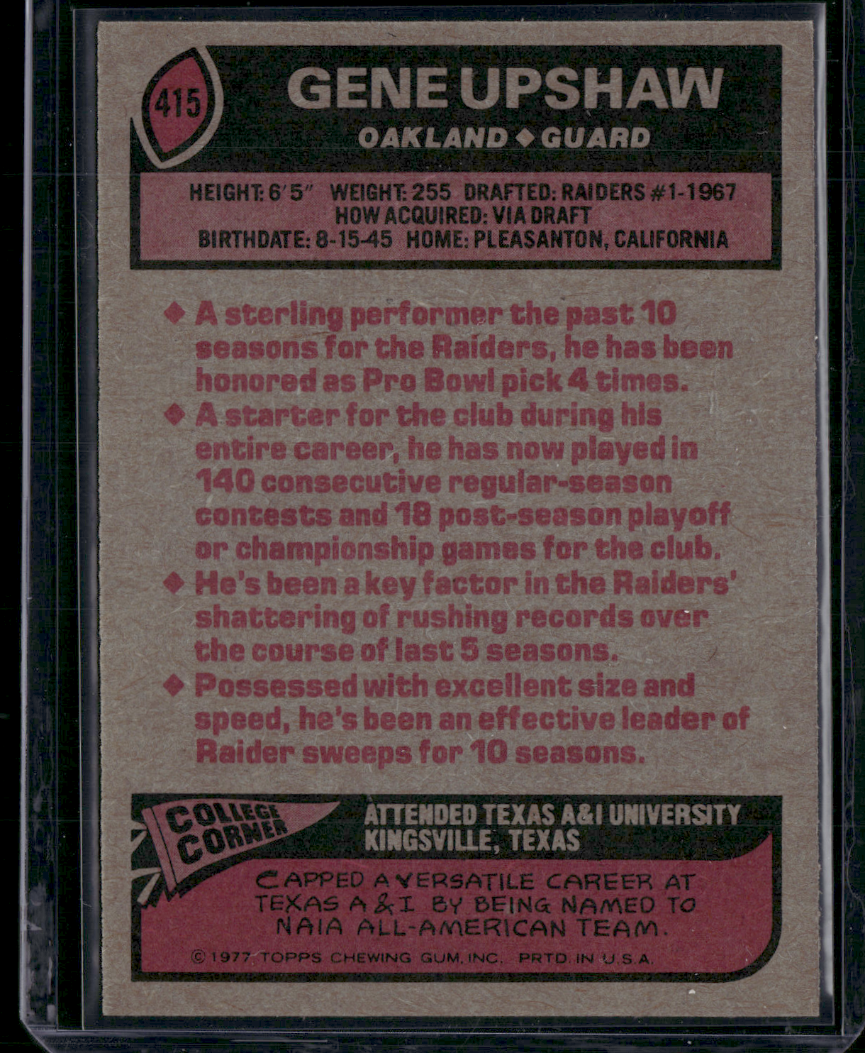1977 Topps GENE UPSHAW #415 Print Snow (EX)