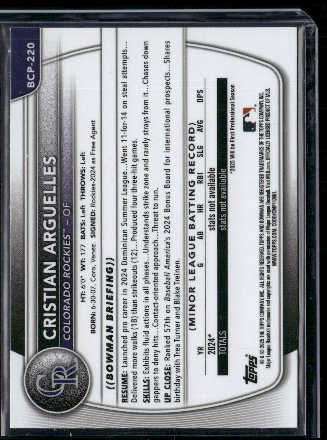 2025 Bowman Chrome CRISTIAN ARGUELLES #BCP-220 Chrome 1st Bowman