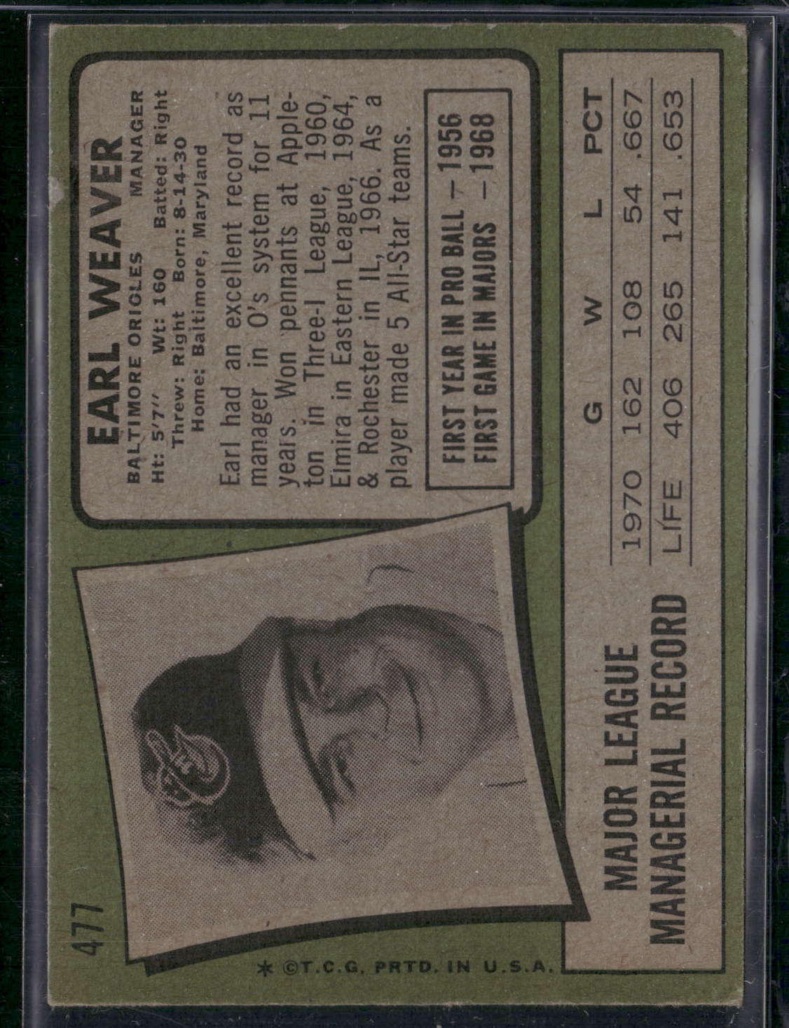 1971 Topps EARL WEAVER #477 Wax Stain (VG)