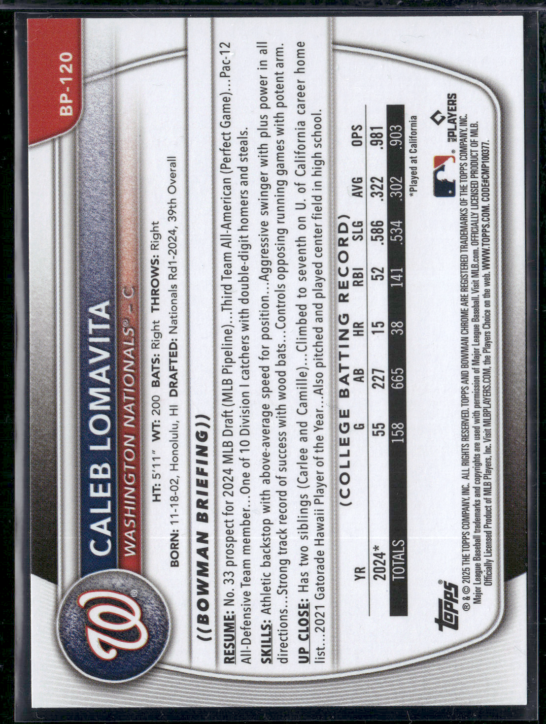 2025 Bowman CALEB LOMAVITA #BP-120 1st Bowman