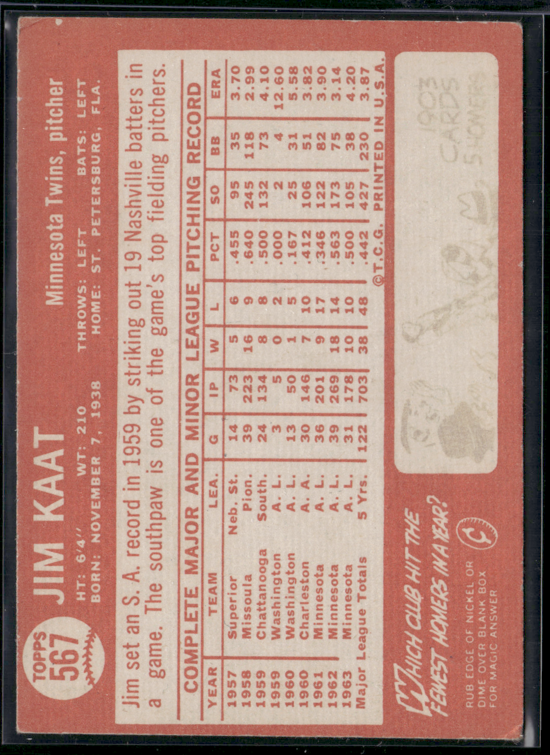 1964 Topps JIM KAAT #567 (VG/EX)