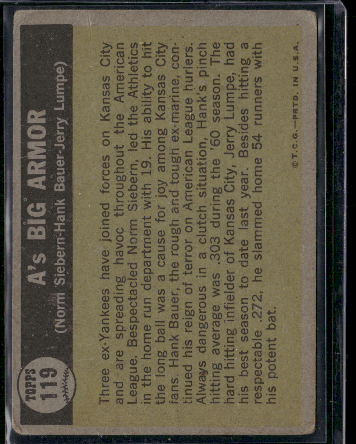 1961 Topps HANK BAUER/NORM SIEBERN/JERRY LUMPE #119 A's Big Armor (VG-VG/EX)