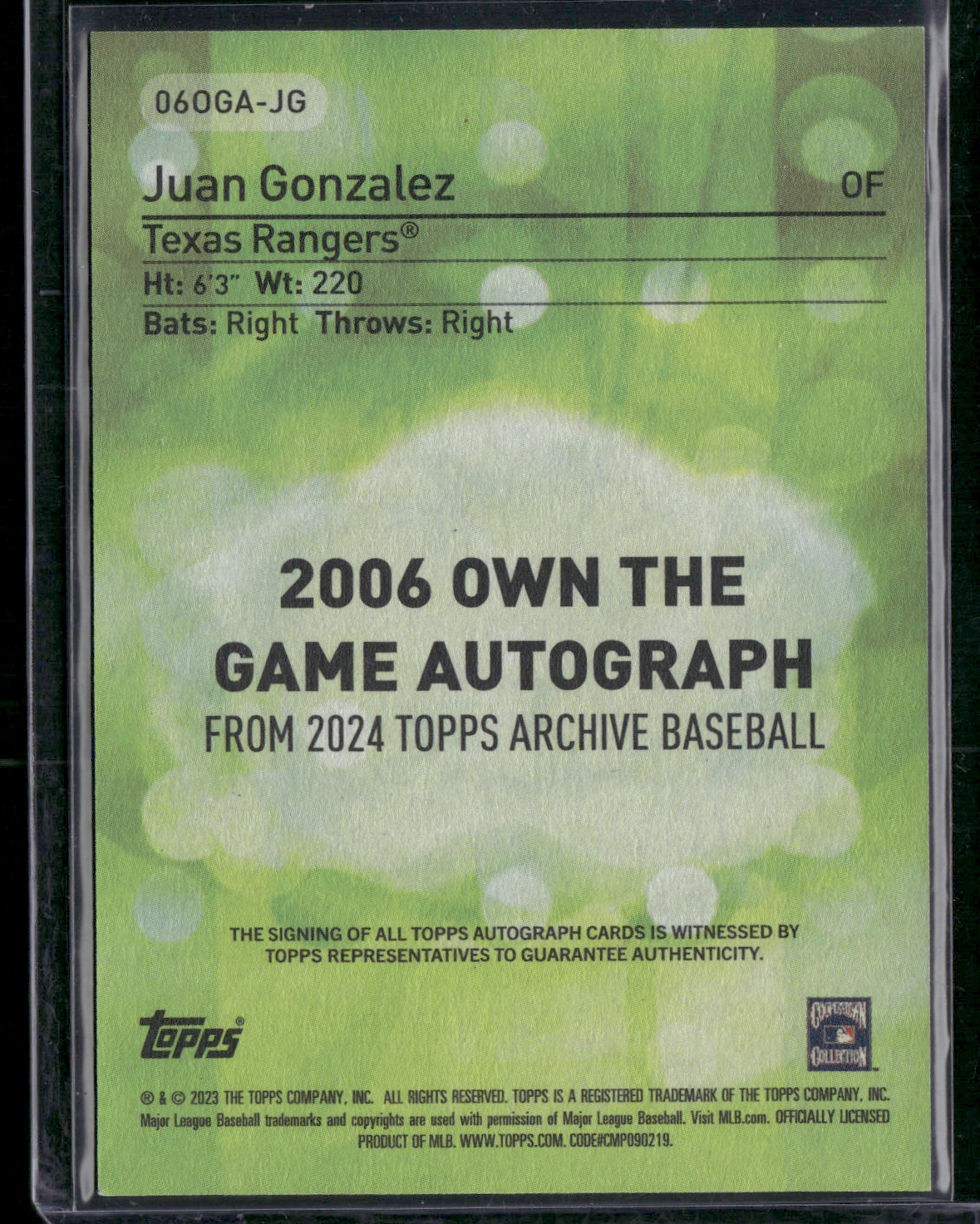 2024 Archives JUAN GONZALEZ #06OGA-JG Own The Game Auto
