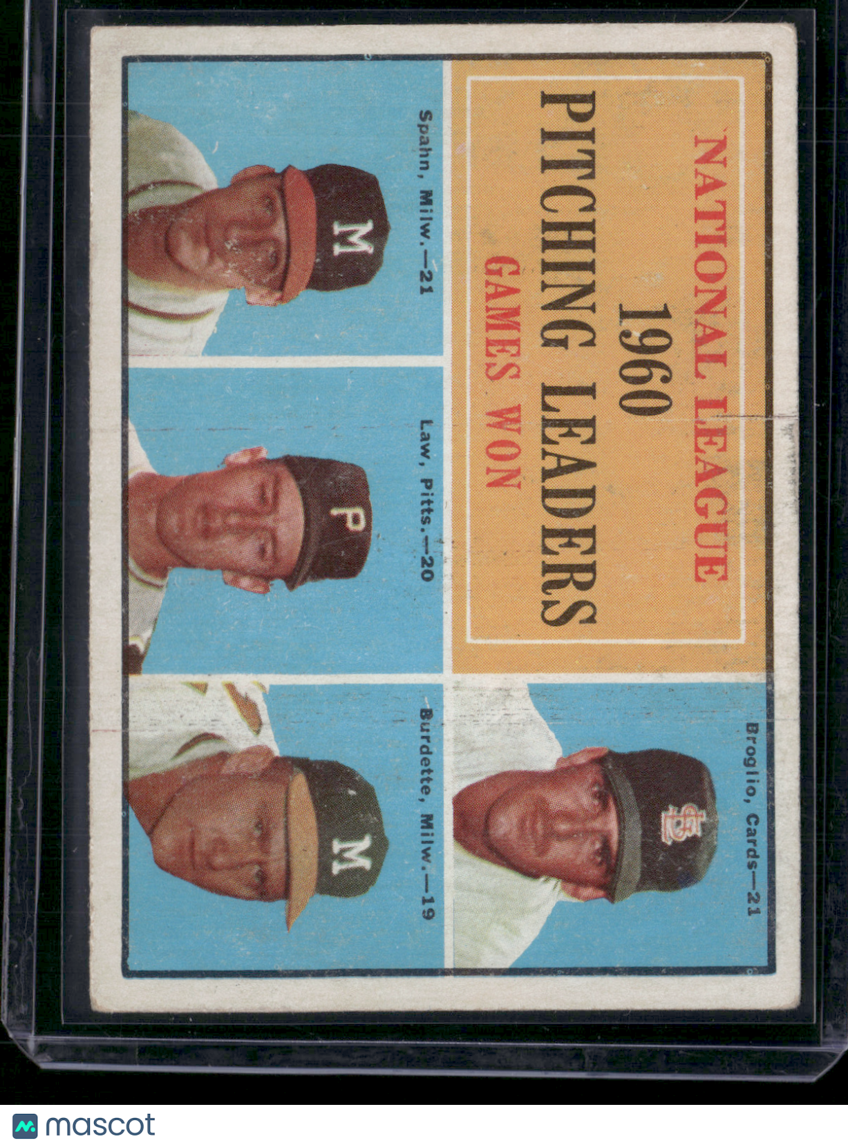 1961 Topps WARREN SPAHN/BROGLIO/LAW/BURDETTE #47 1960 NL Games Won PrintSnow(VG)