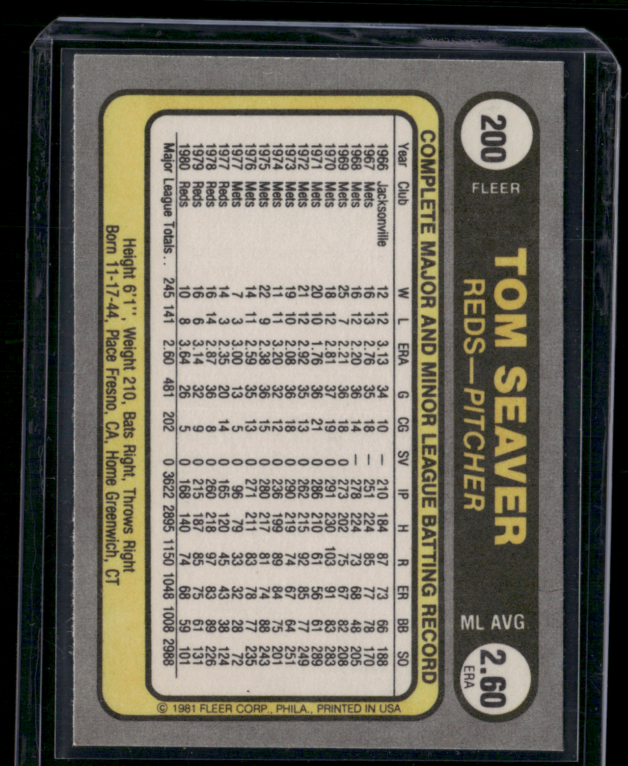1981 Fleer TOM SEAVER #200 (NM)