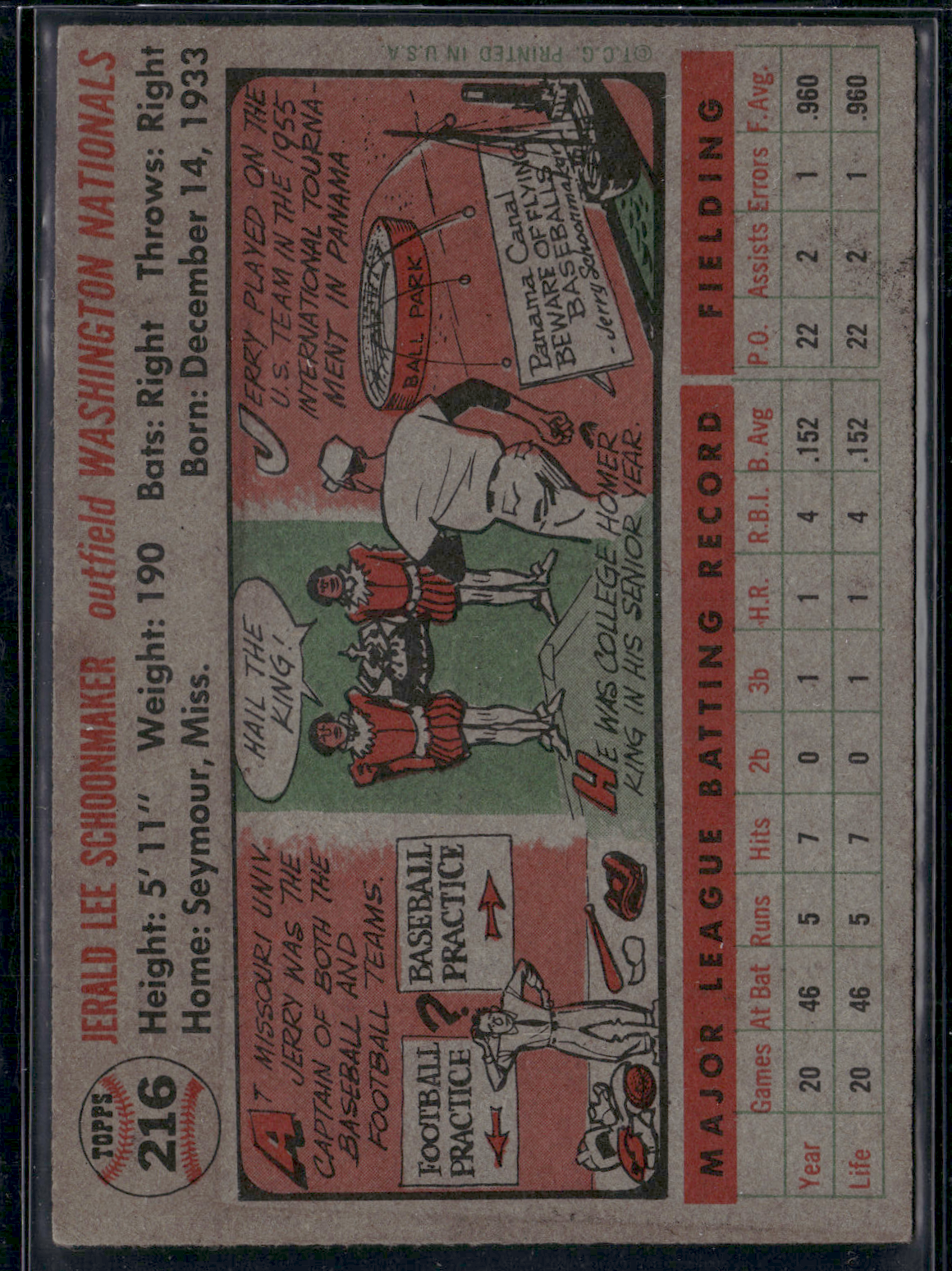 1956 Topps JERRY SCHOONMAKER #216