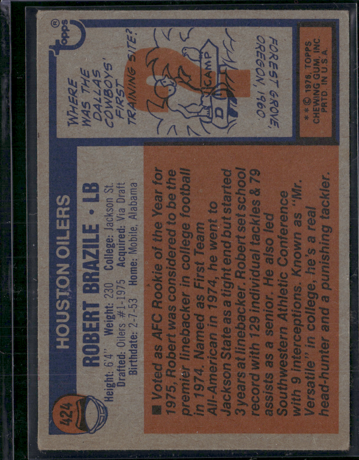 1976 Topps ROBERT BRAZILE #424 (VG/EX-EX)