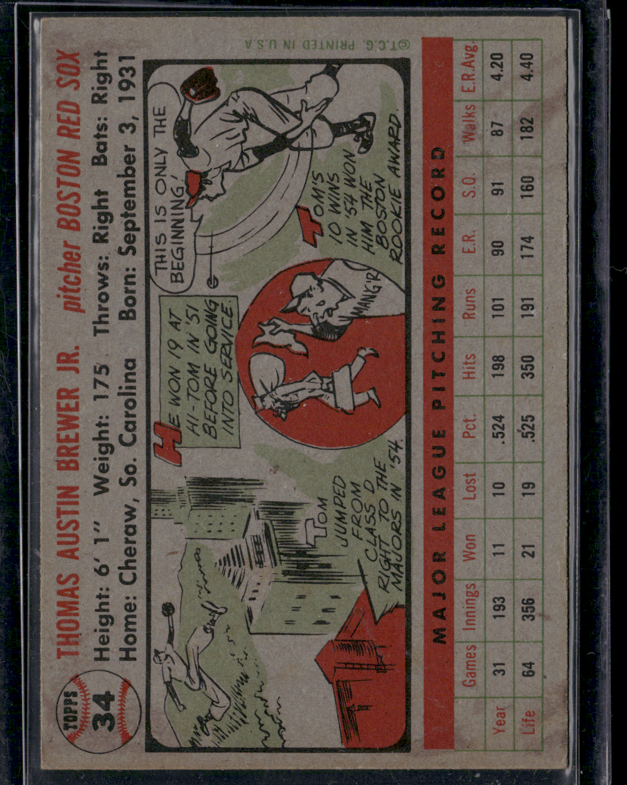 1956 Topps TOM BREWER #34 Light Wrinkle