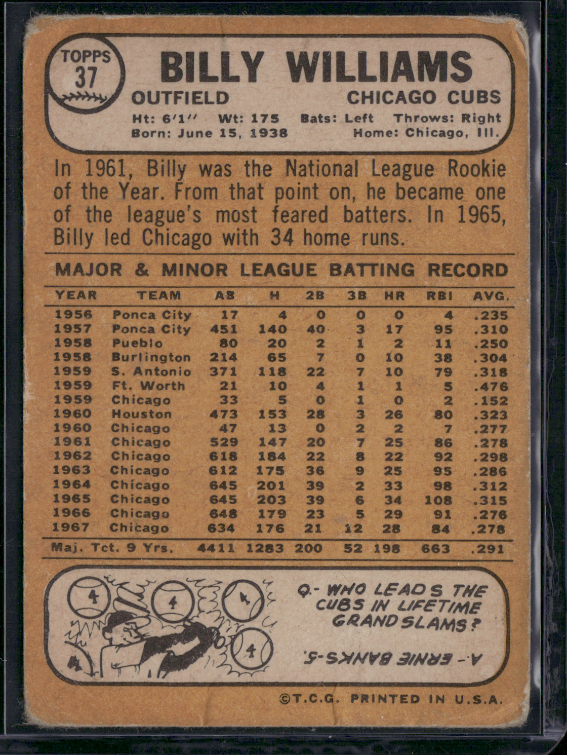 1968 Topps BILLY WILLIAMS #37 (Fair - Scratch, Wrinkles, Crease)