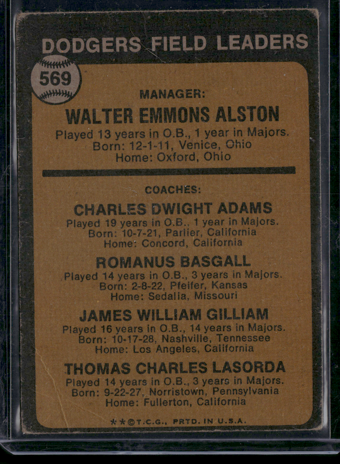 1973 Topps WALT ALSTON #569 Surface Dent Wrinkles (Good)