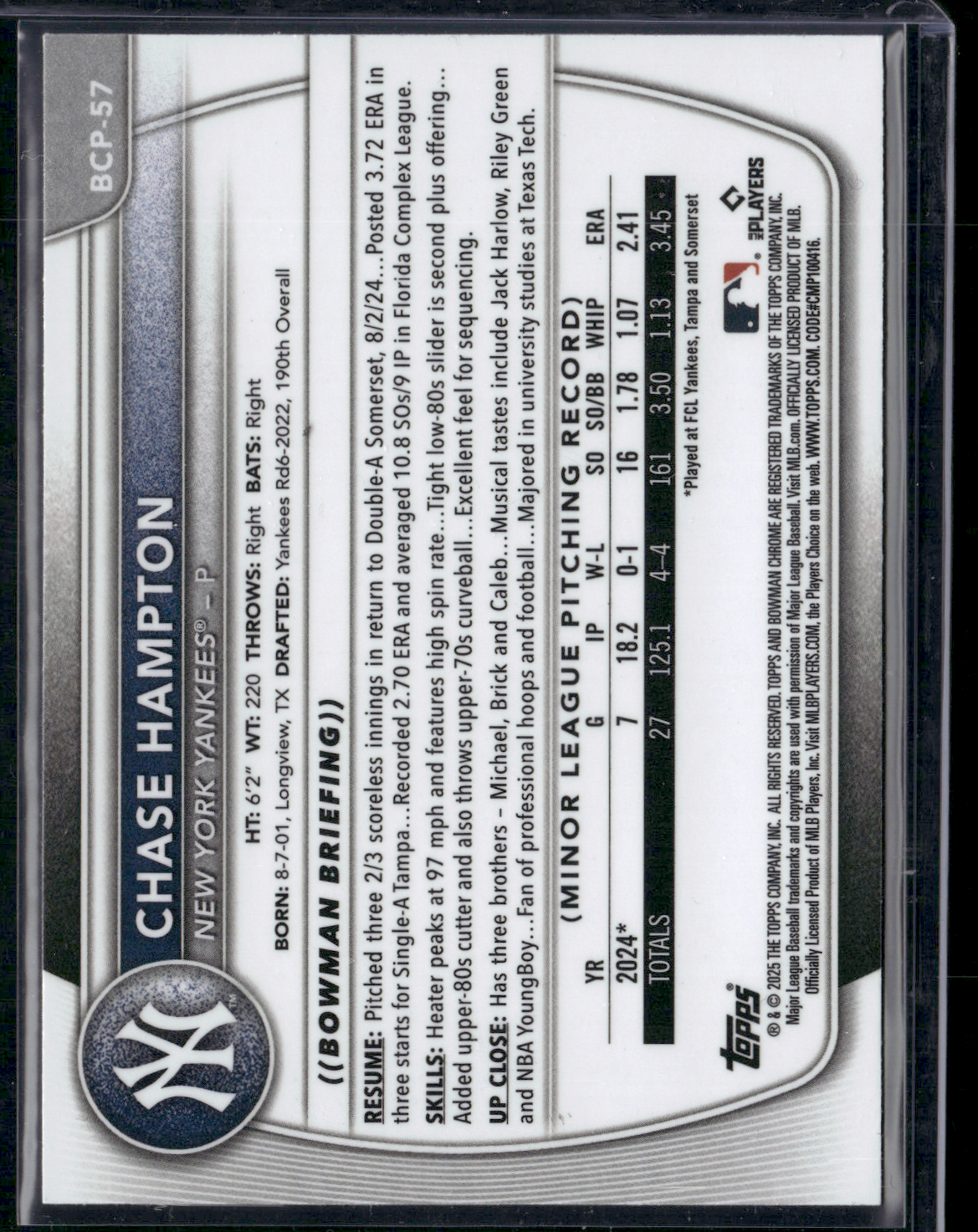 2025 Bowman CHASE HAMPTON #BCP-57 1st Bowman Chrome
