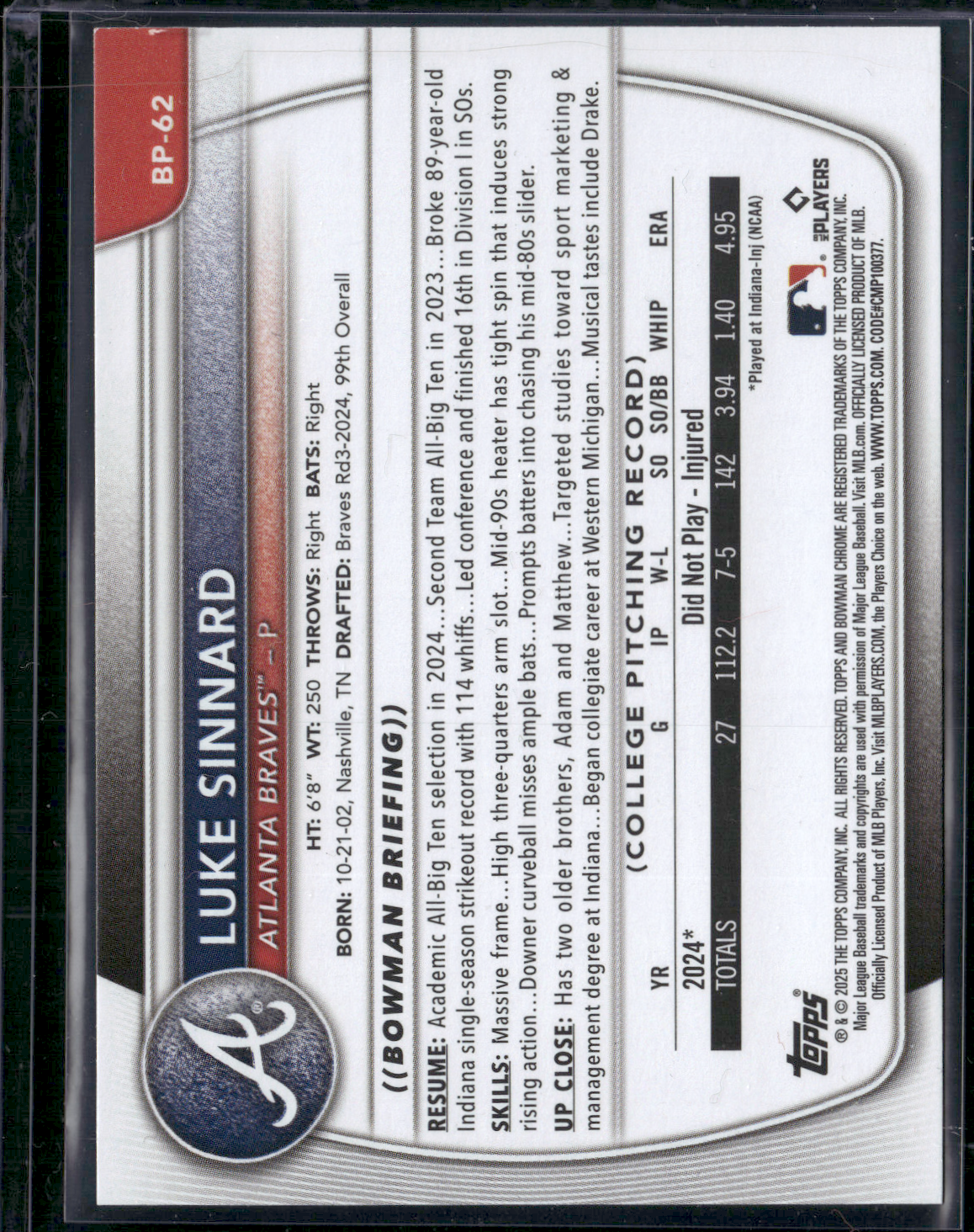 2025 Bowman LUKE SINNARD #BP-62 1st Bowman