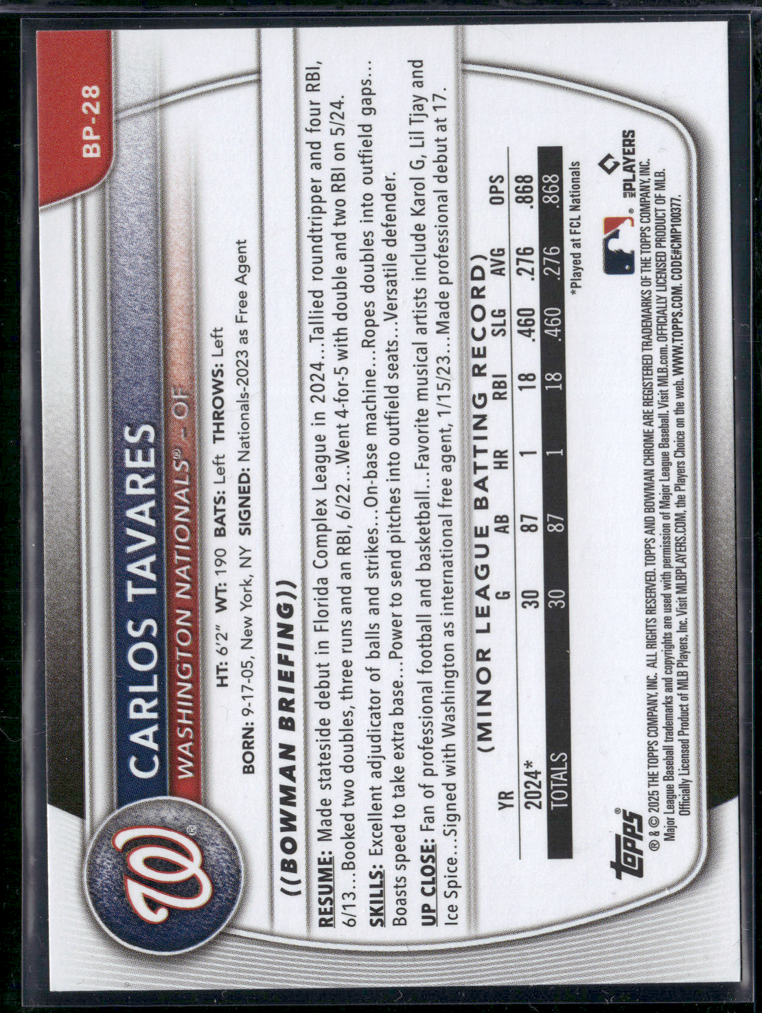 2025 Bowman CARLOS TAVARES #BP-28 1st Bowman