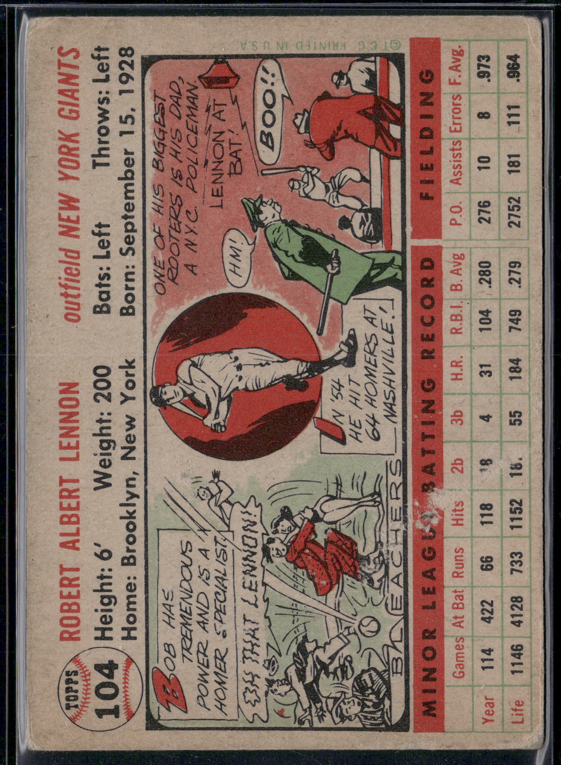 1956 Topps BOB LENNON #104 Surface wear and paper loss on back