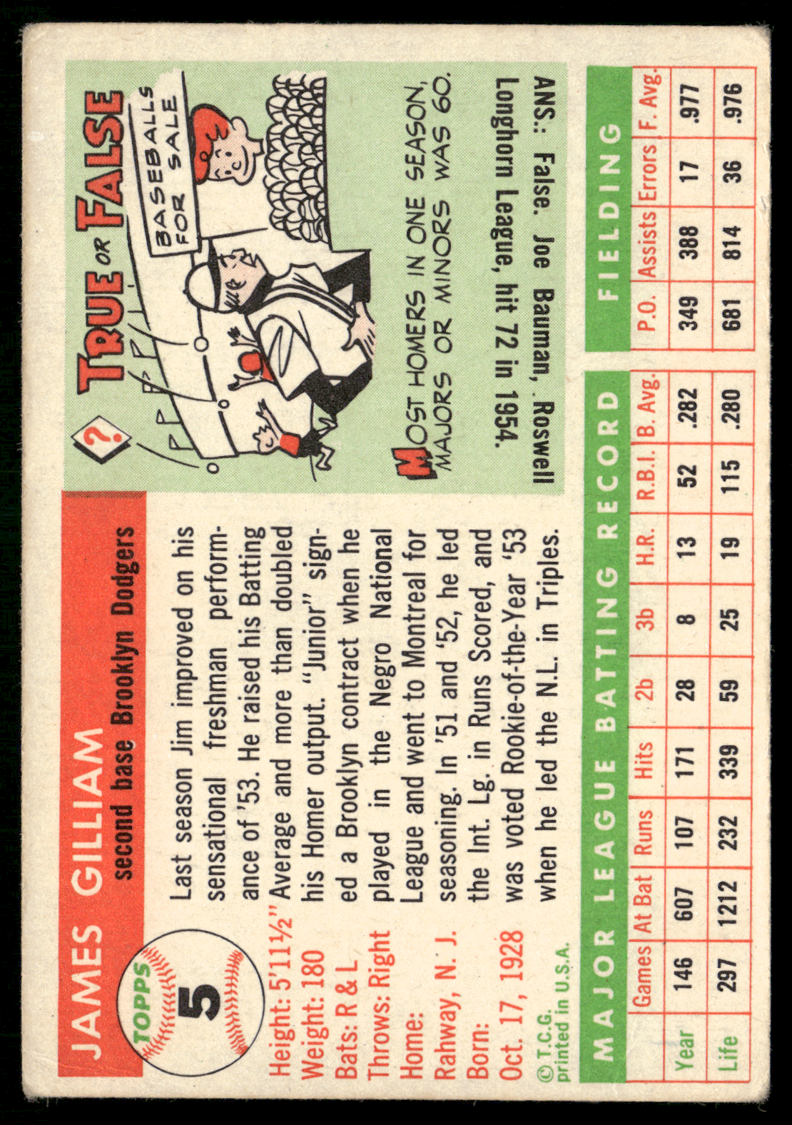 1955 Topps JIM GILLIAM #5 (VG)