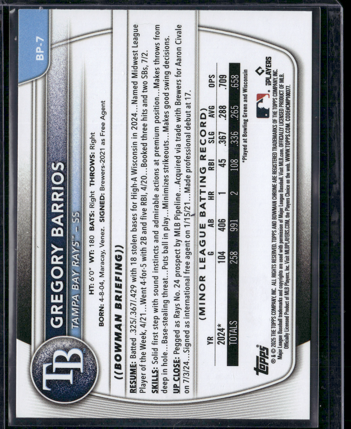 2025 Bowman GREGORY BARRIOS #BP-7 1st Bowman