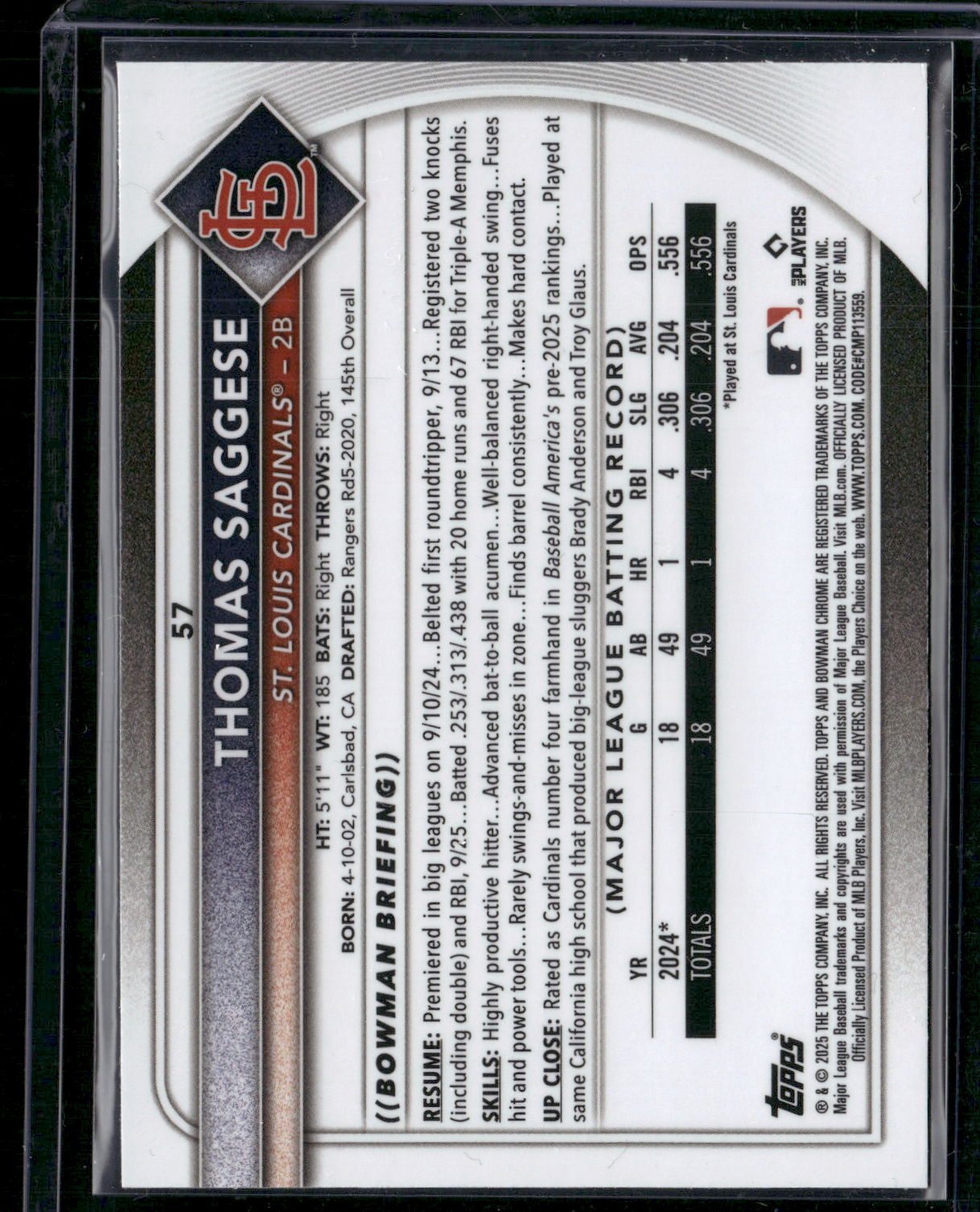 2025 Bowman THOMAS SAGGESE Rookie Card RC #57 Red Shield Buy Back Chrome