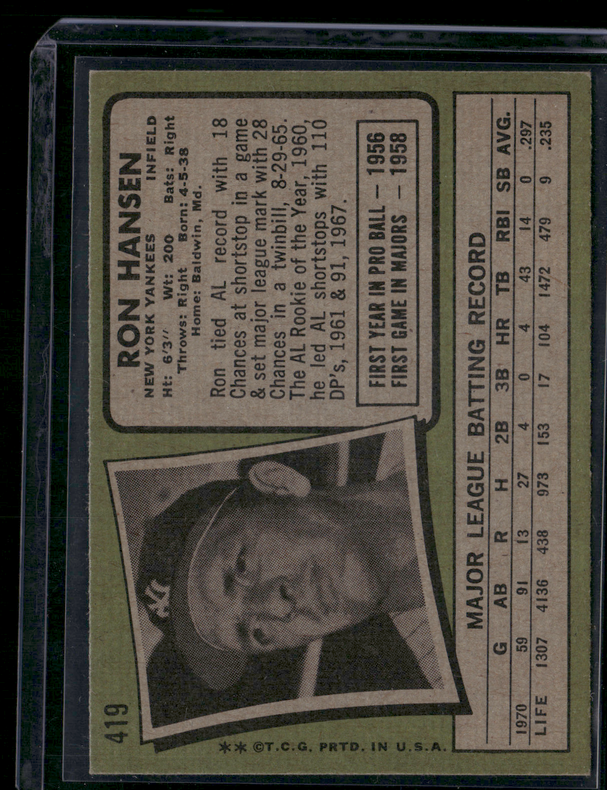 1971 Topps RON HANSEN #419 (VG)