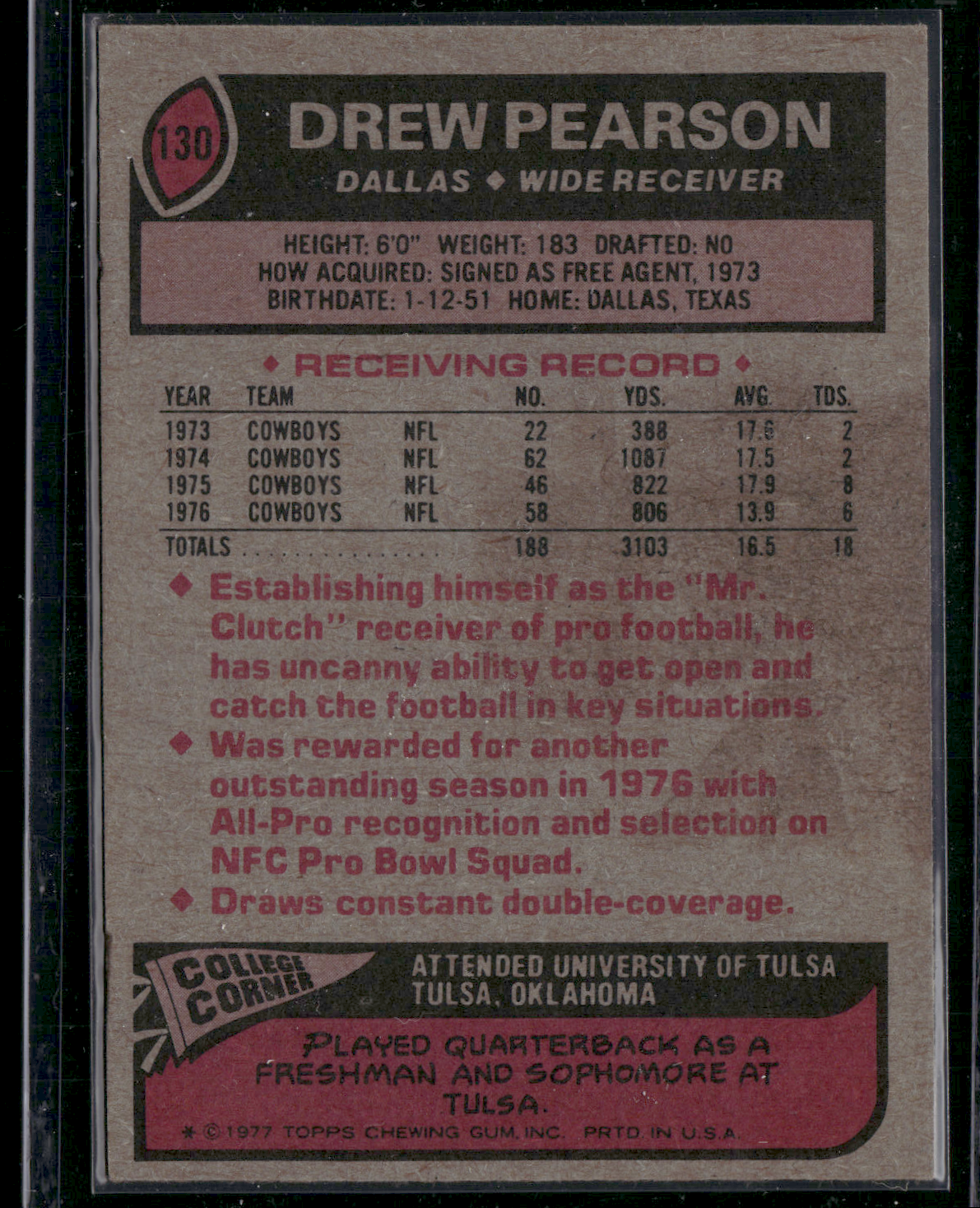 1977 Topps DREW PEARSON #130 Stain on Back (EX)