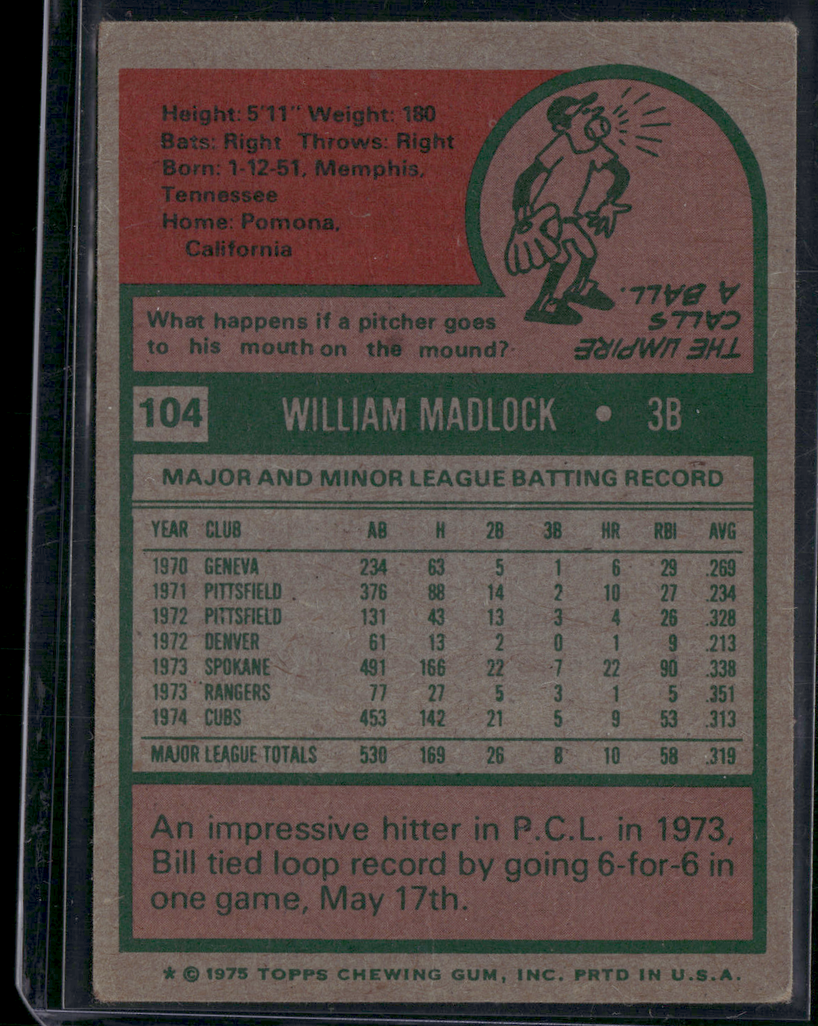 1975 Topps BILL MADLOCK #104 Rookie Cup Print Snow (VG-VG/EX)