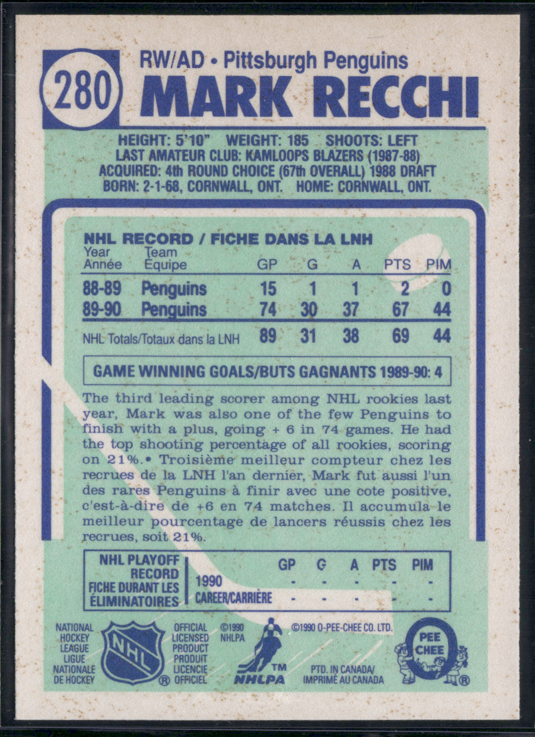 1990 O-Pee-Chee MARK RECCHI #280 Print Snow on Back (EX)
