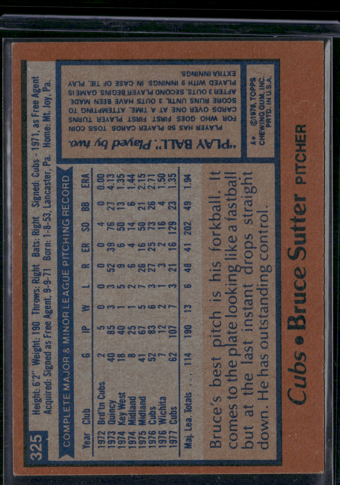 1978 Topps BRUCE SUTTER #325 (EX-EX/MT)