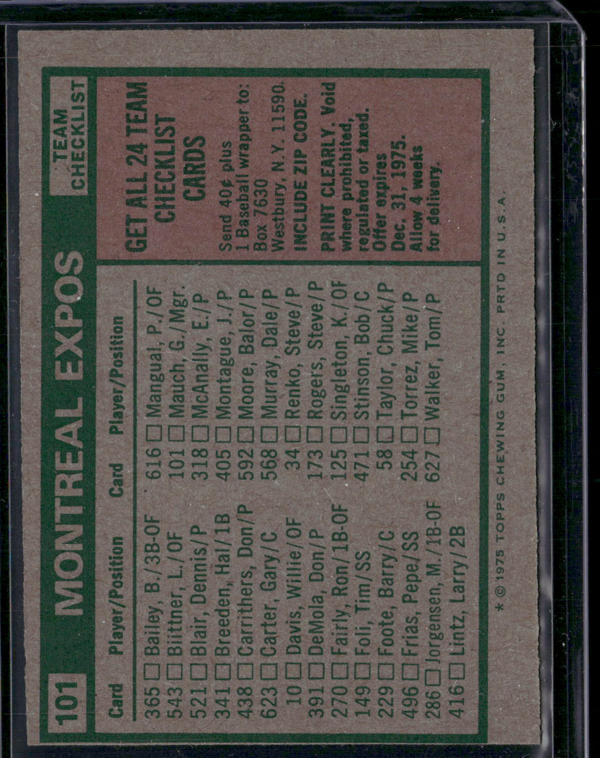 1975 Topps MONTREAL EXPOS #101 (EX)