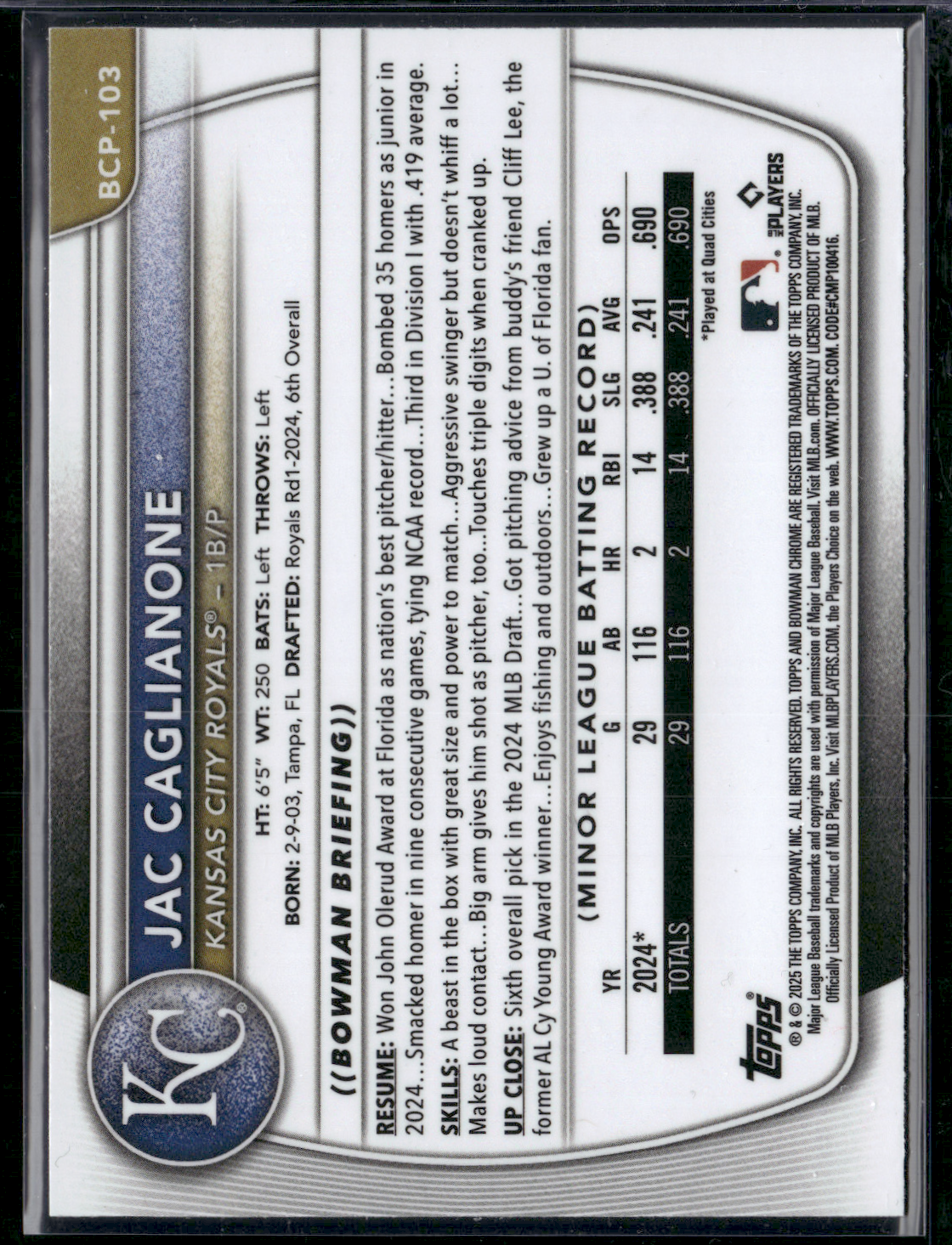 2025 Bowman JAC CAGLIANONE #BCP-103 Chrome