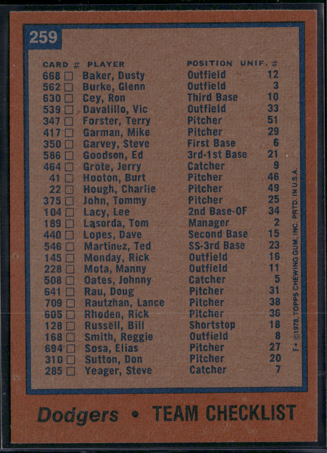1978 Topps LOS ANGELES DODGERS #259 (EX-EX/MT)