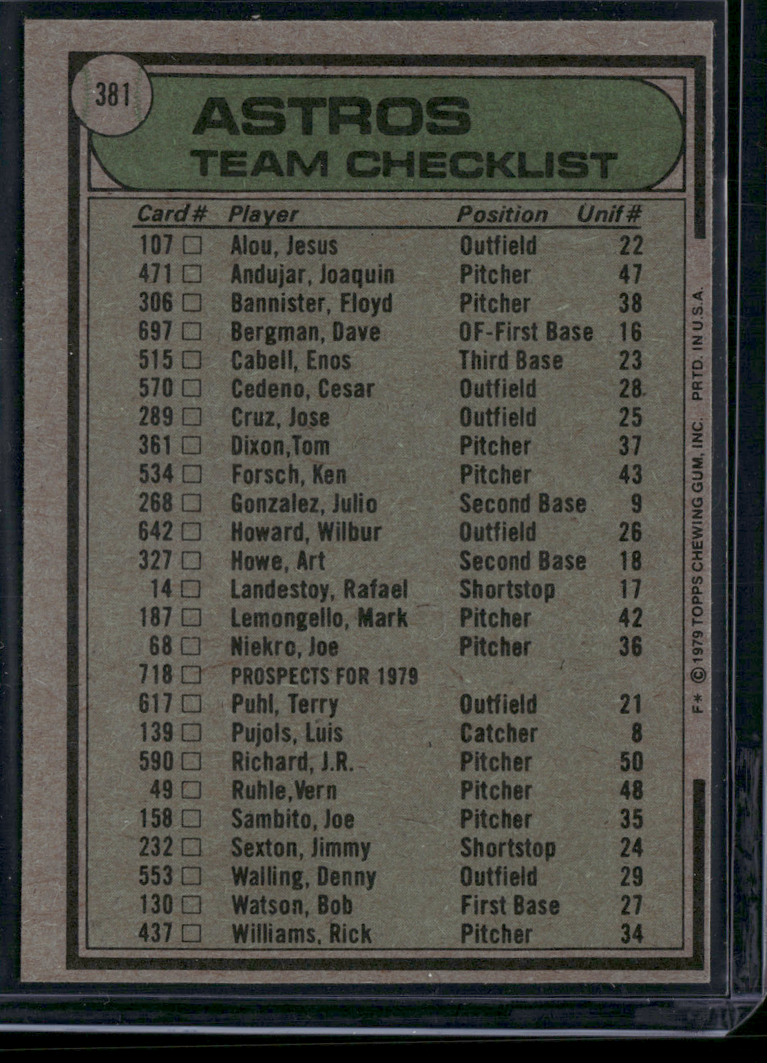 1979 Topps HOUSTON ASTROS #381 (EX-EX/MT)