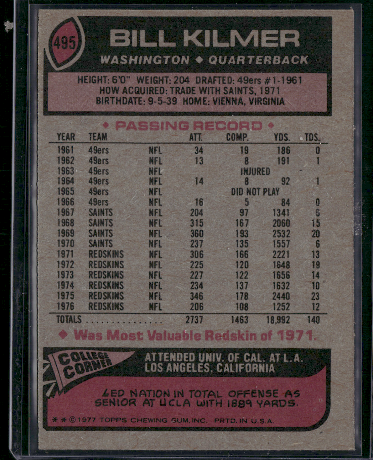 1977 Topps BILL KILMER #495 Print Snow (EX)