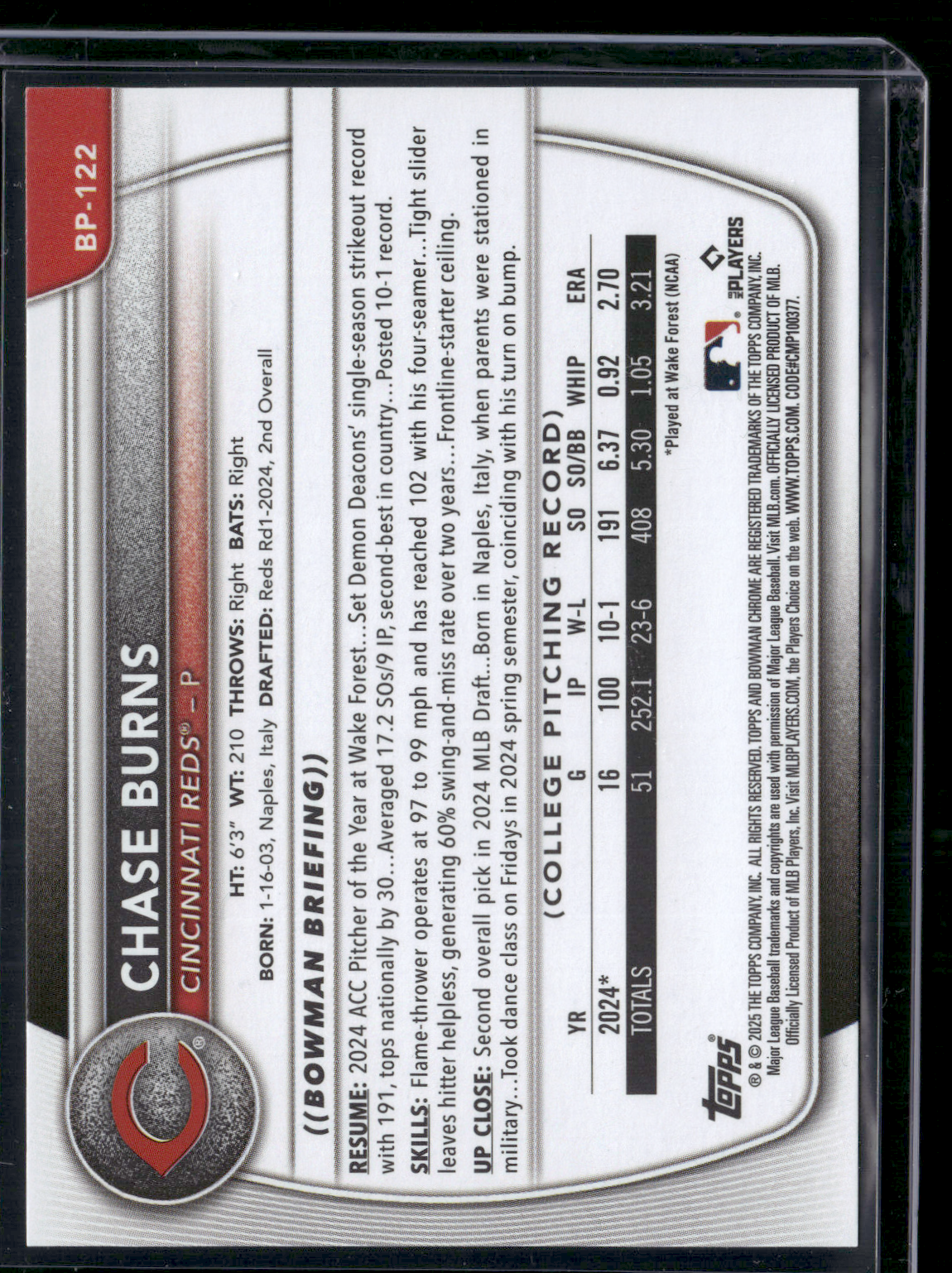 2025 Bowman CHASE BURNS #BP-122