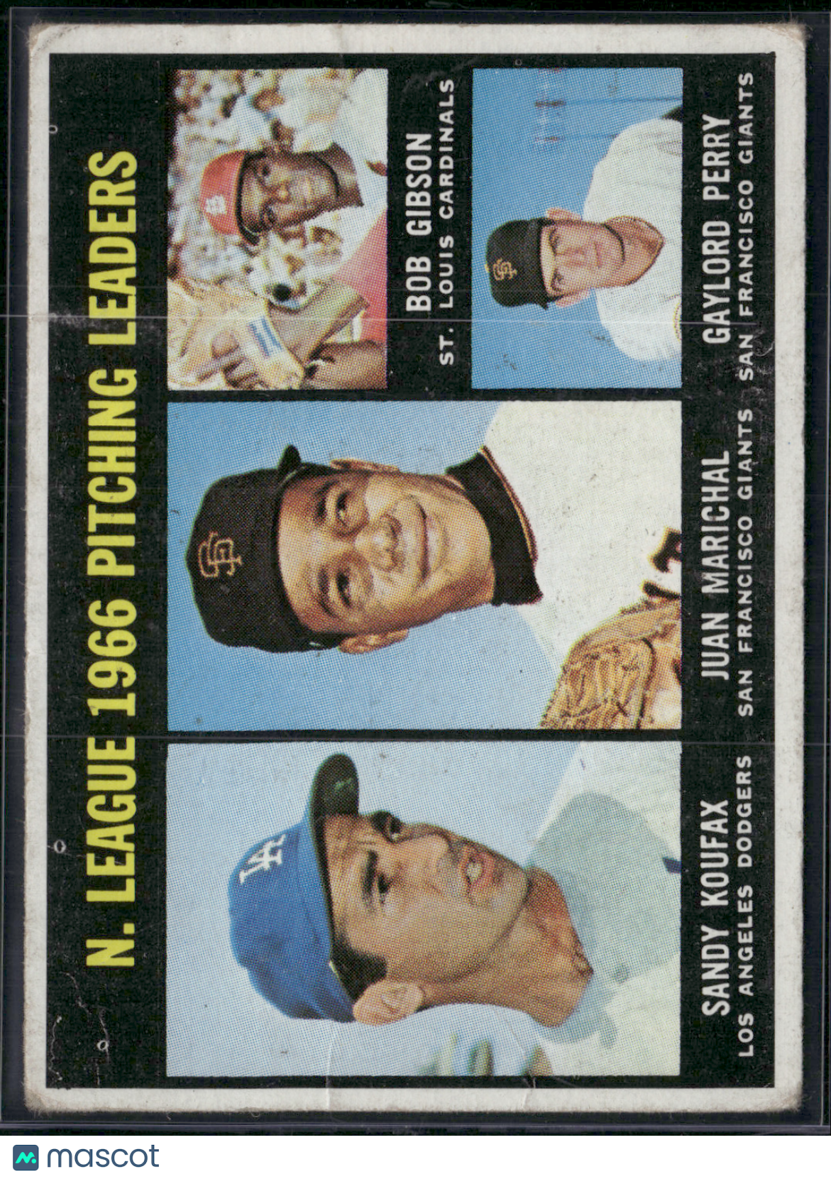 1967 Topps KOUFAX/GIBSON/MARICHAL/PERRY #236 1966 NL Pitching Leaders(VG-VG/EX)