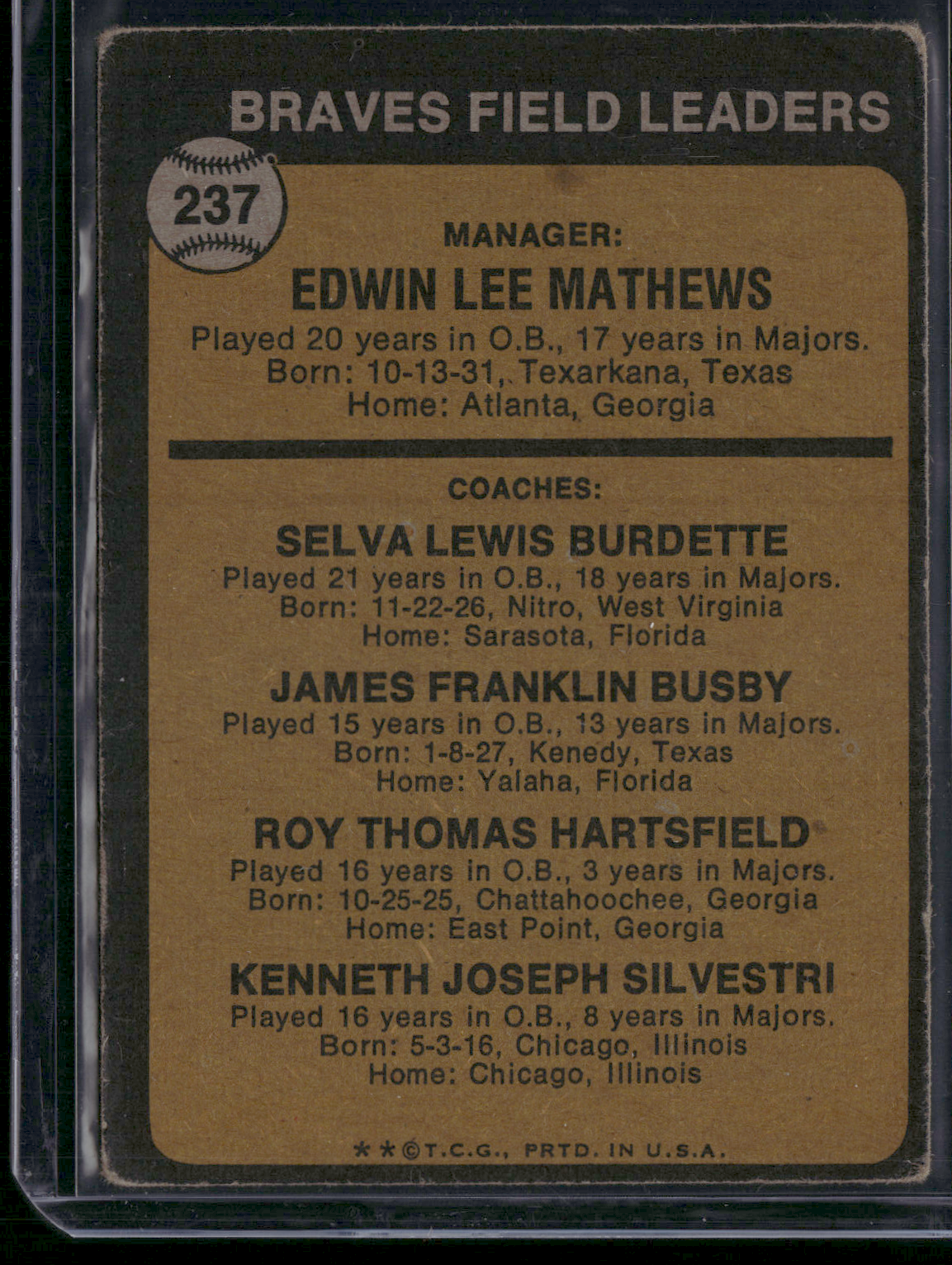 1973 Topps EDDIE MATHEWS #237 (VG)