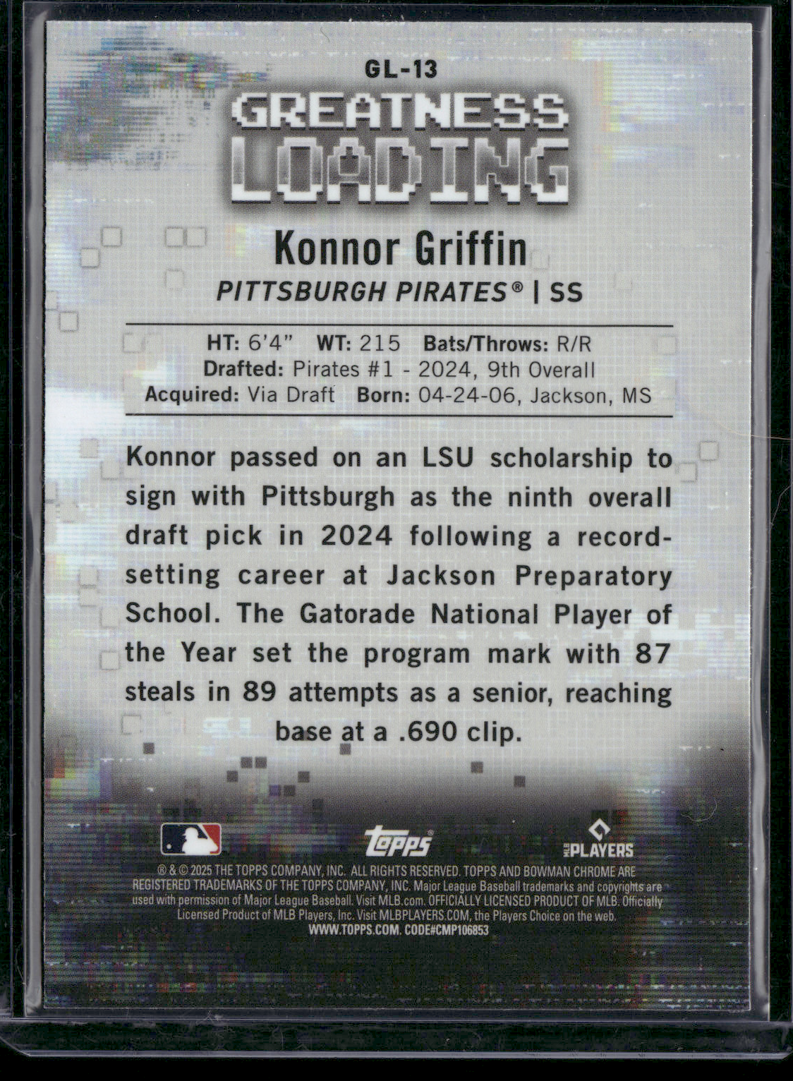 2025 Bowman Chrome KONNOR GRIFFIN #GL-13 GREATNESS LOADING-#1 Prospect in MLB!