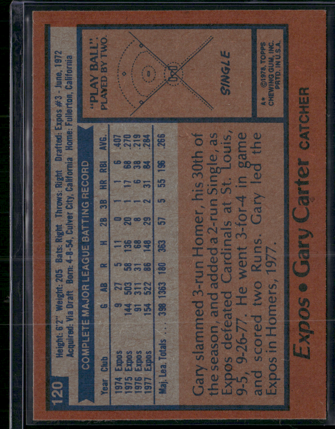 1978 Topps GARY CARTER #120 Grain Raise (EX)