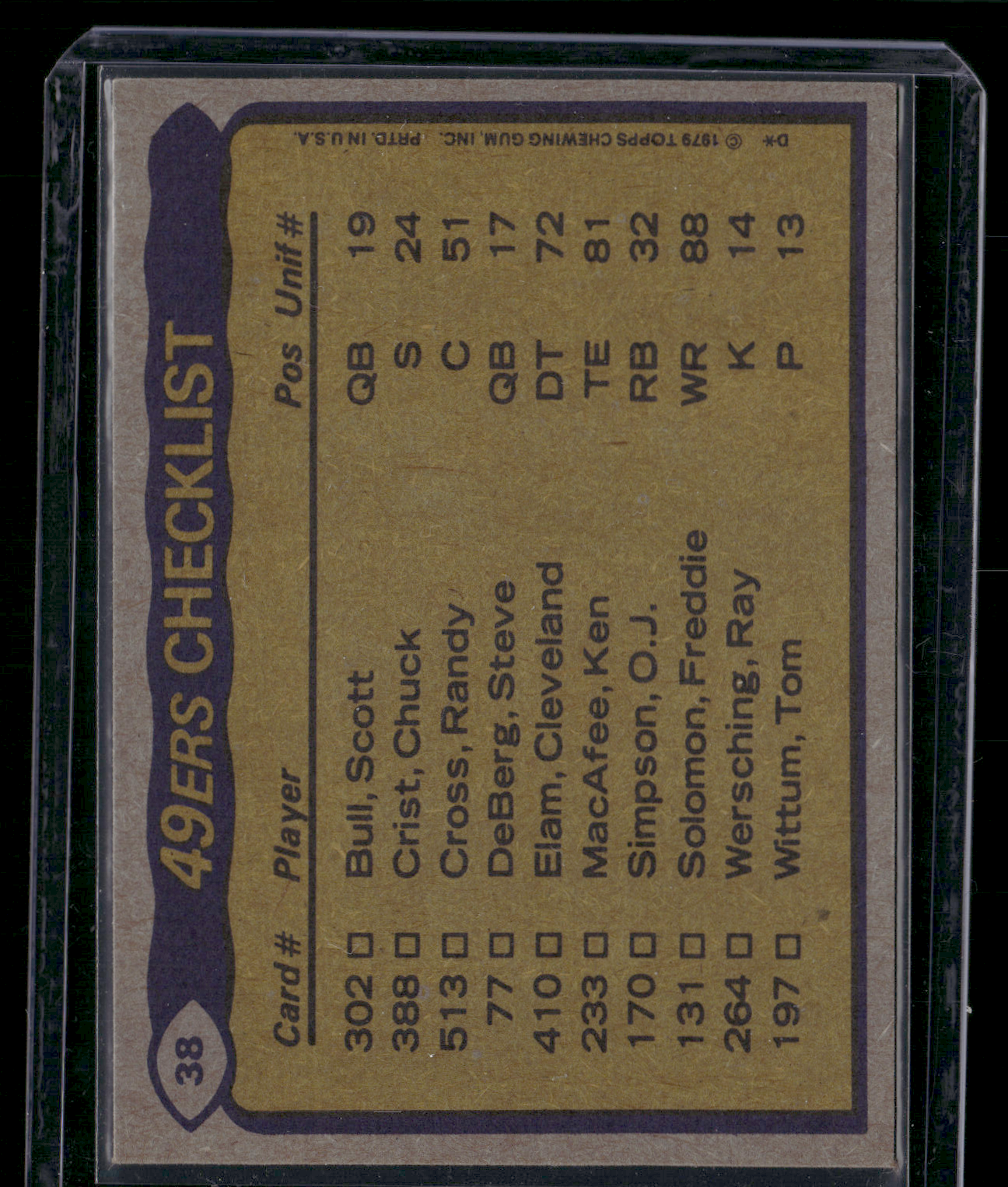 1979 Topps SAN FRANCISCO 49ERS TEAM LEADERS -O.J. SIMPSON #38 (VG)