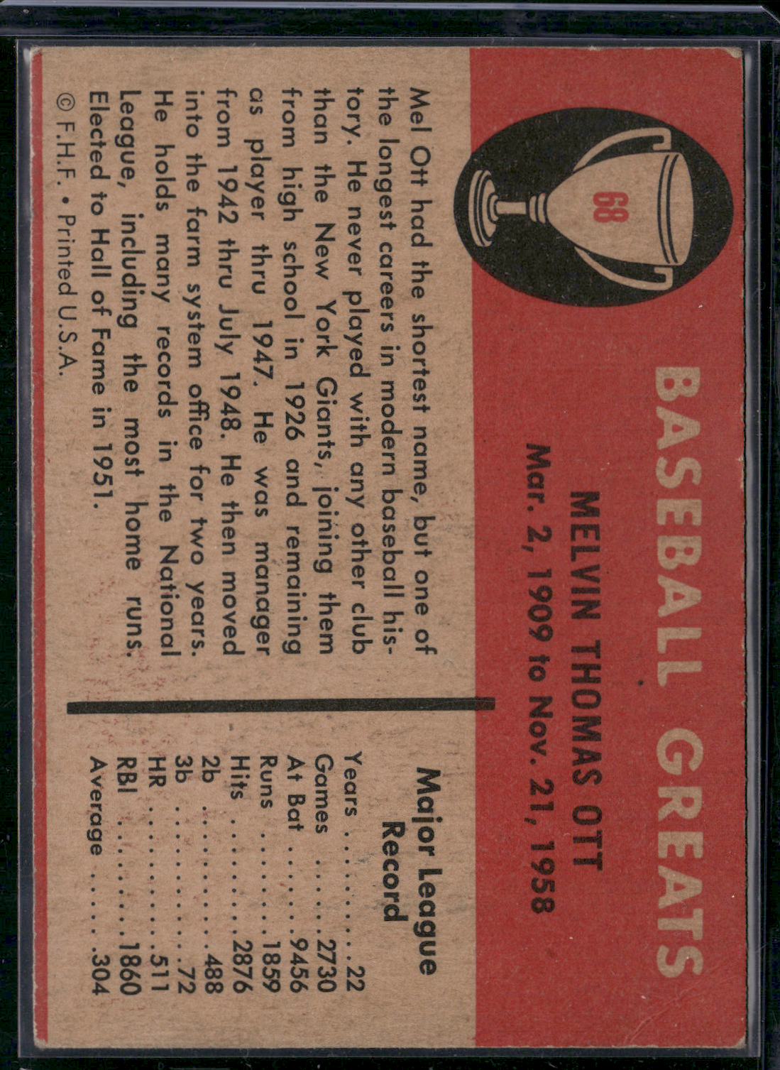 1961 Fleer MEL OTT #68 (VG)