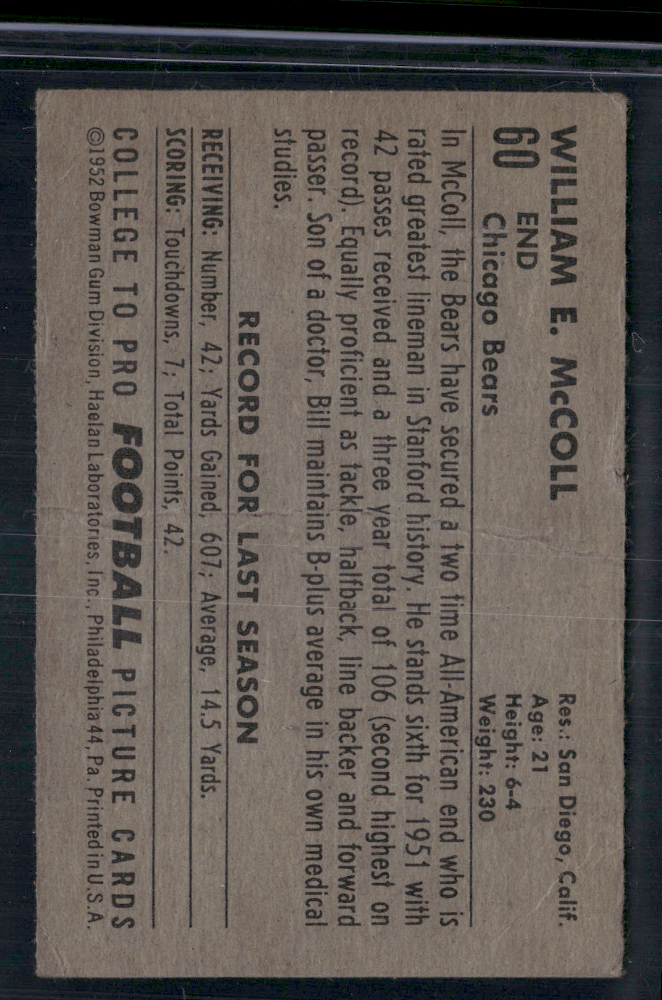 1952 Bowman WILLIAM MCCOLL #60 Wrinkles Crease (Good)