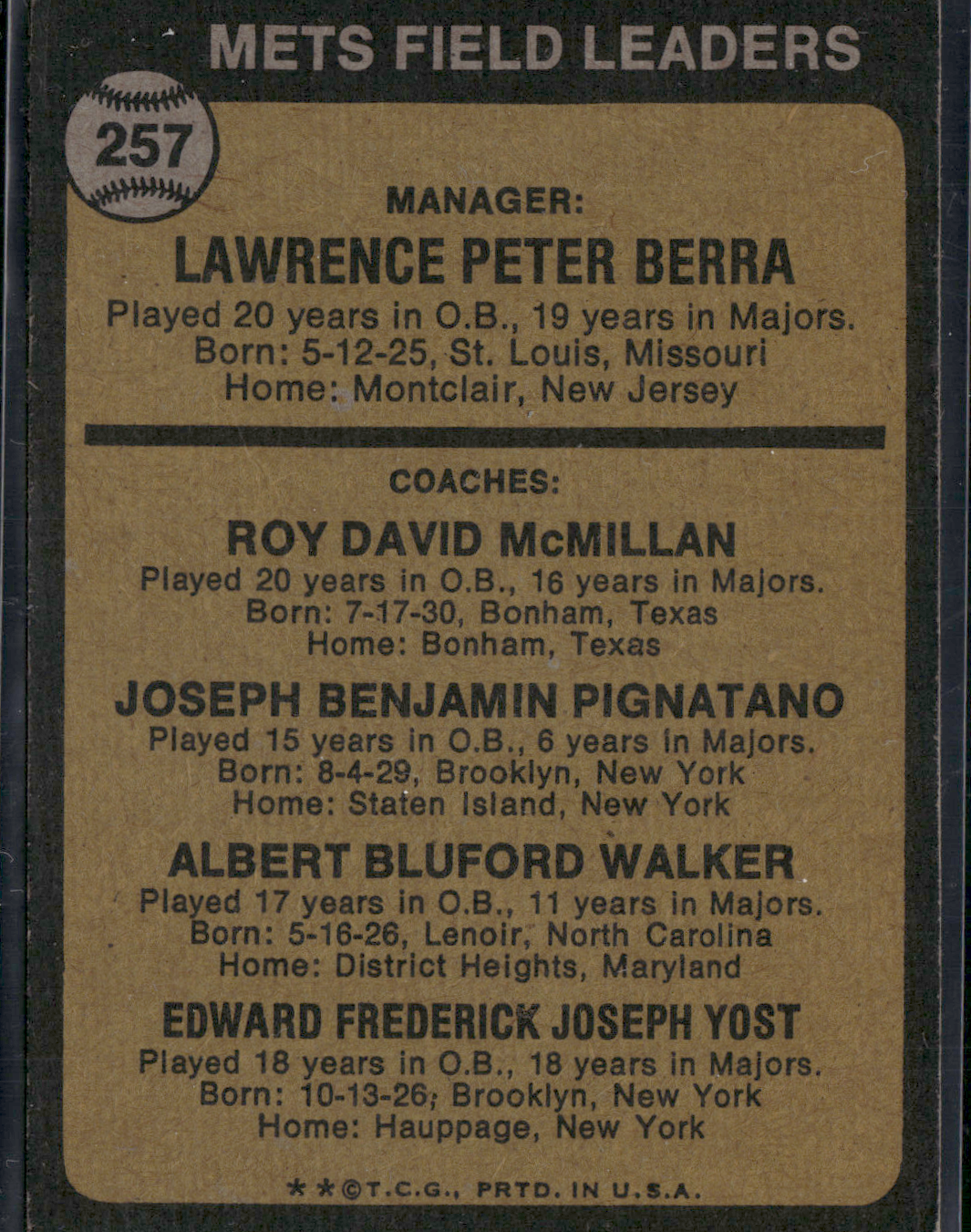1973 Topps YOGI BERRA #257 (Good)