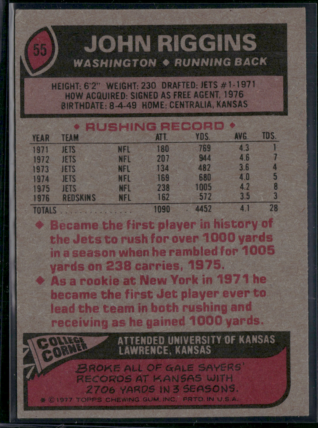 1977 Topps JOHN RIGGINS #55 Wax Stains (EX)