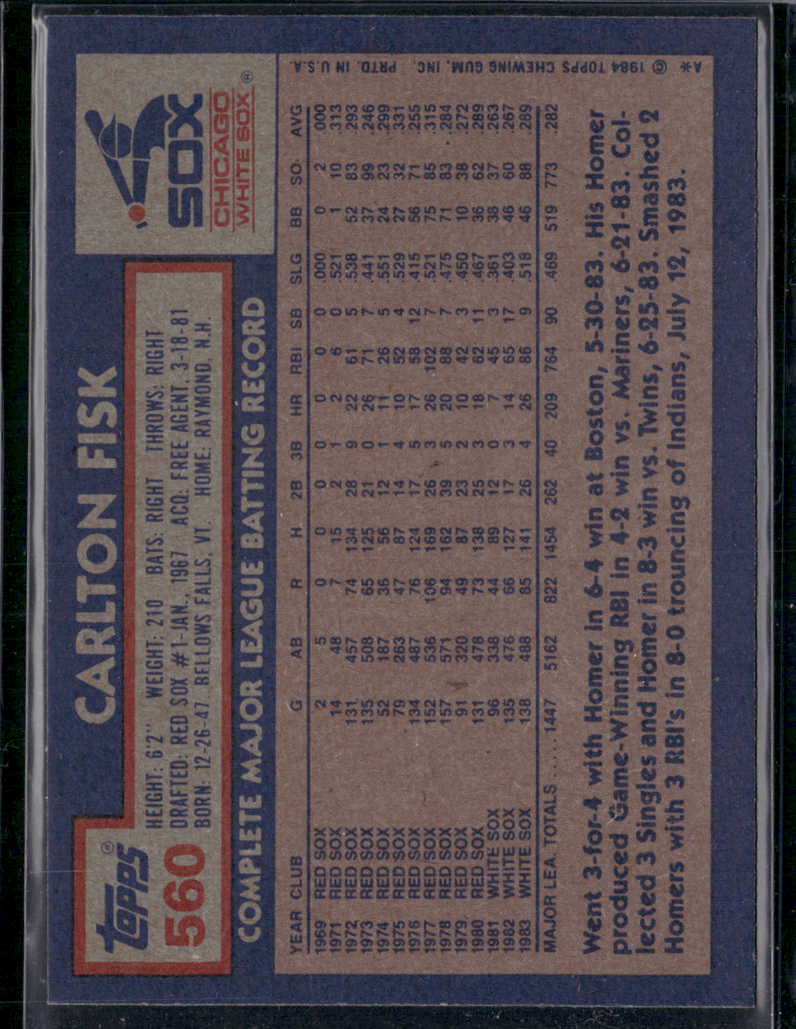 1984 Topps CARLTON FISK #560 Grain Raise (EX)